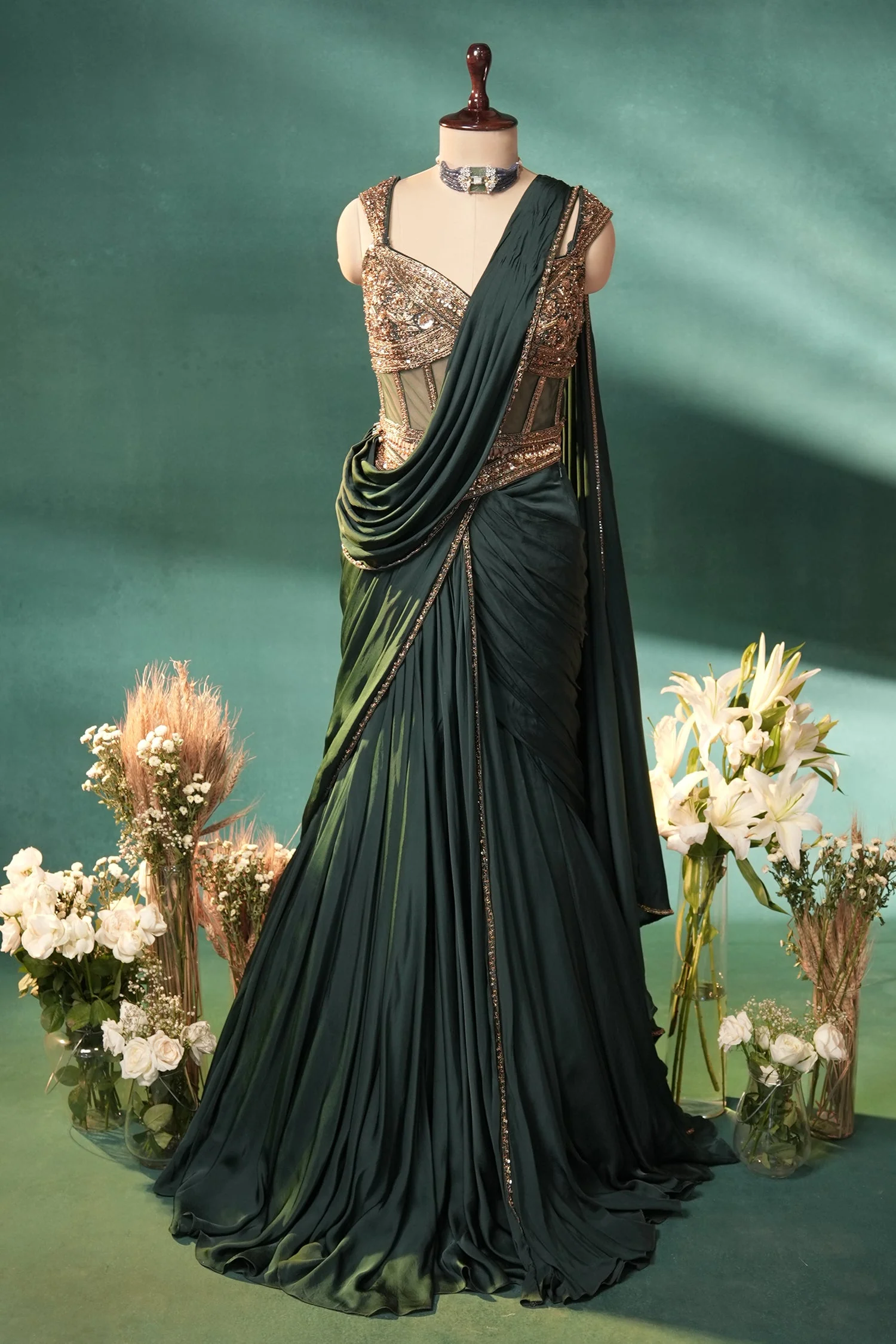 Bottle Green Crepe Satin Silk Pre Draped Lehenga Style Saree with Embellished Corset - Image 3