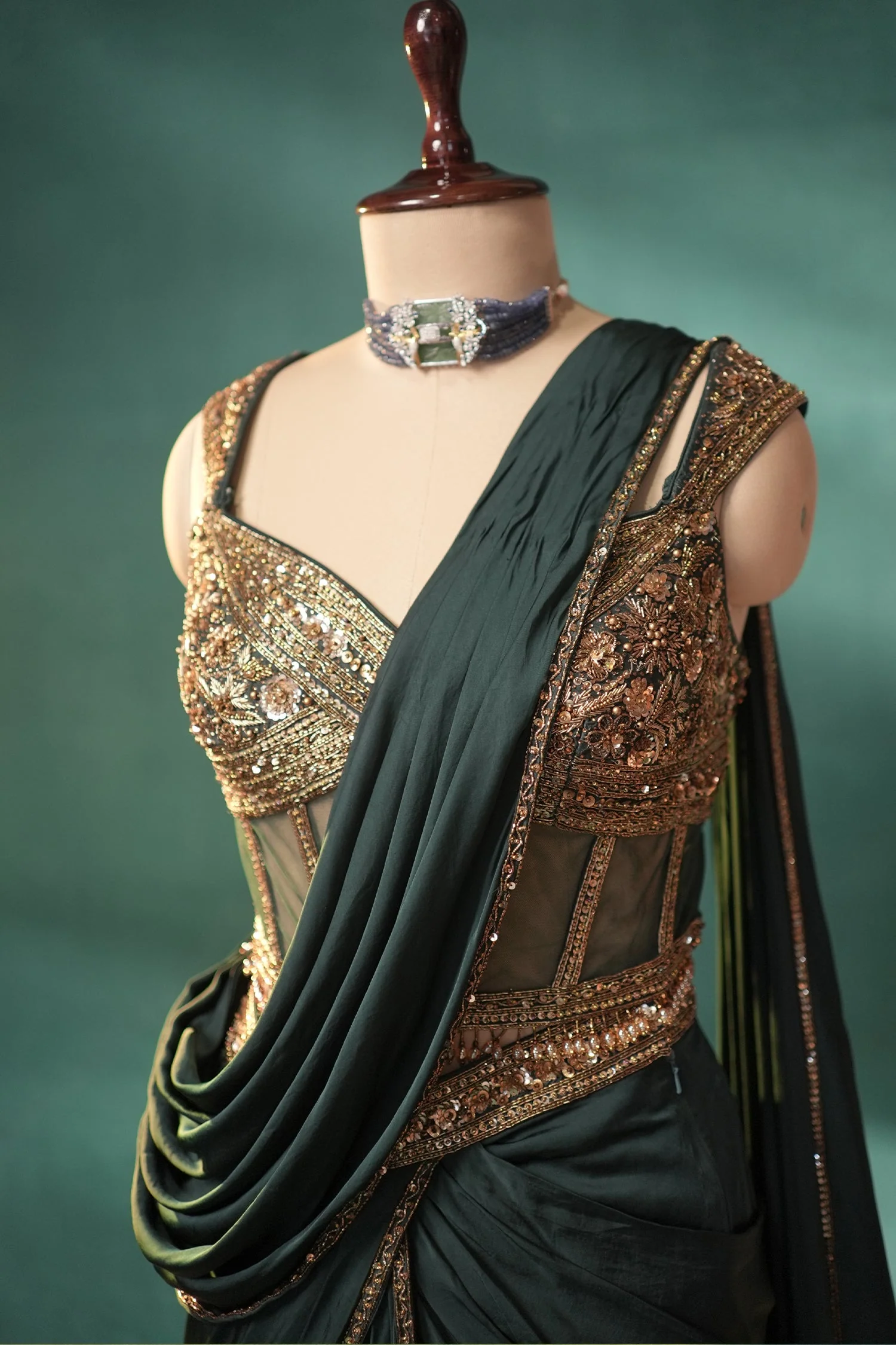 Bottle Green Crepe Satin Silk Pre Draped Lehenga Style Saree with Embellished Corset - Image 4