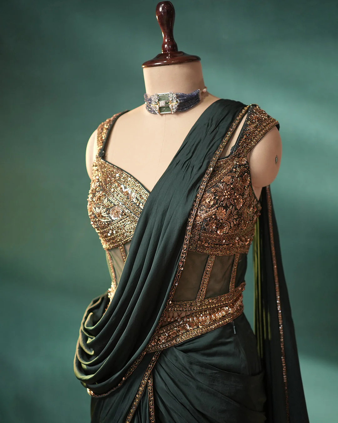 Bottle Green Crepe Satin Silk Pre Draped Lehenga Style Saree with Embellished Corset - Image 5