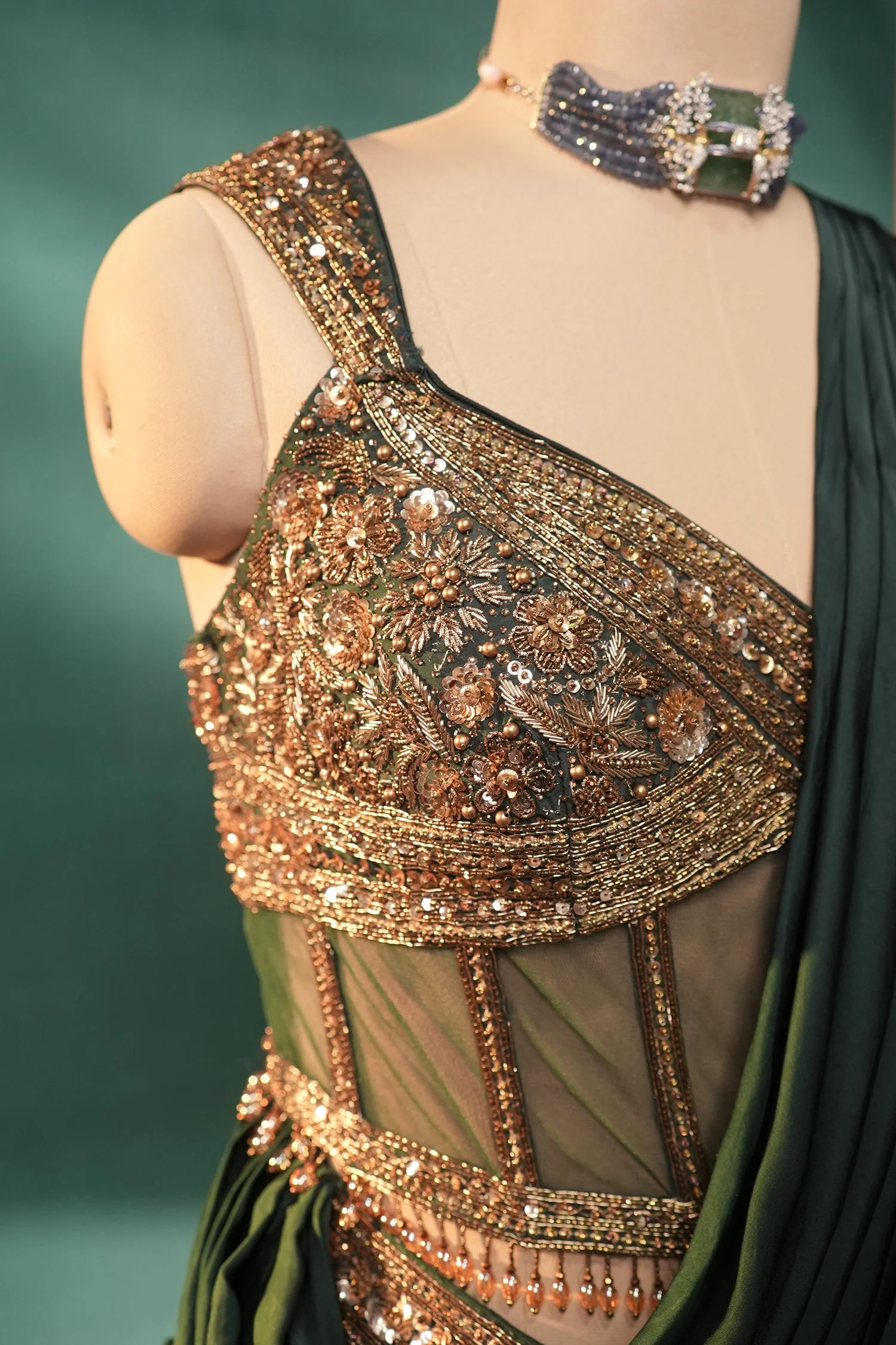 Bottle Green Crepe Satin Silk Pre Draped Lehenga Style Saree with Embellished Corset - Image 6