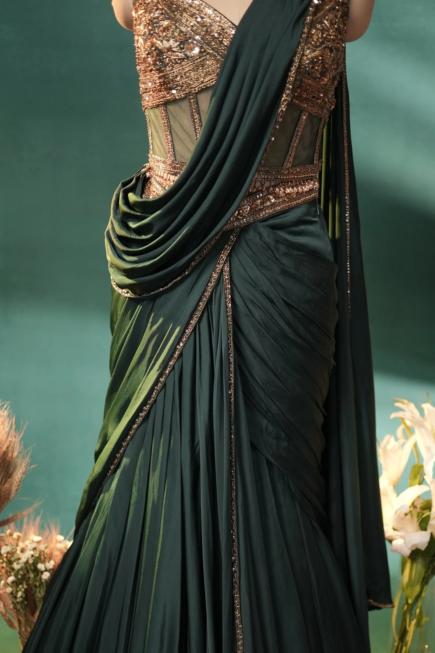 Bottle Green Crepe Satin Silk Pre Draped Lehenga Style Saree with Embellished Corset - Image 7