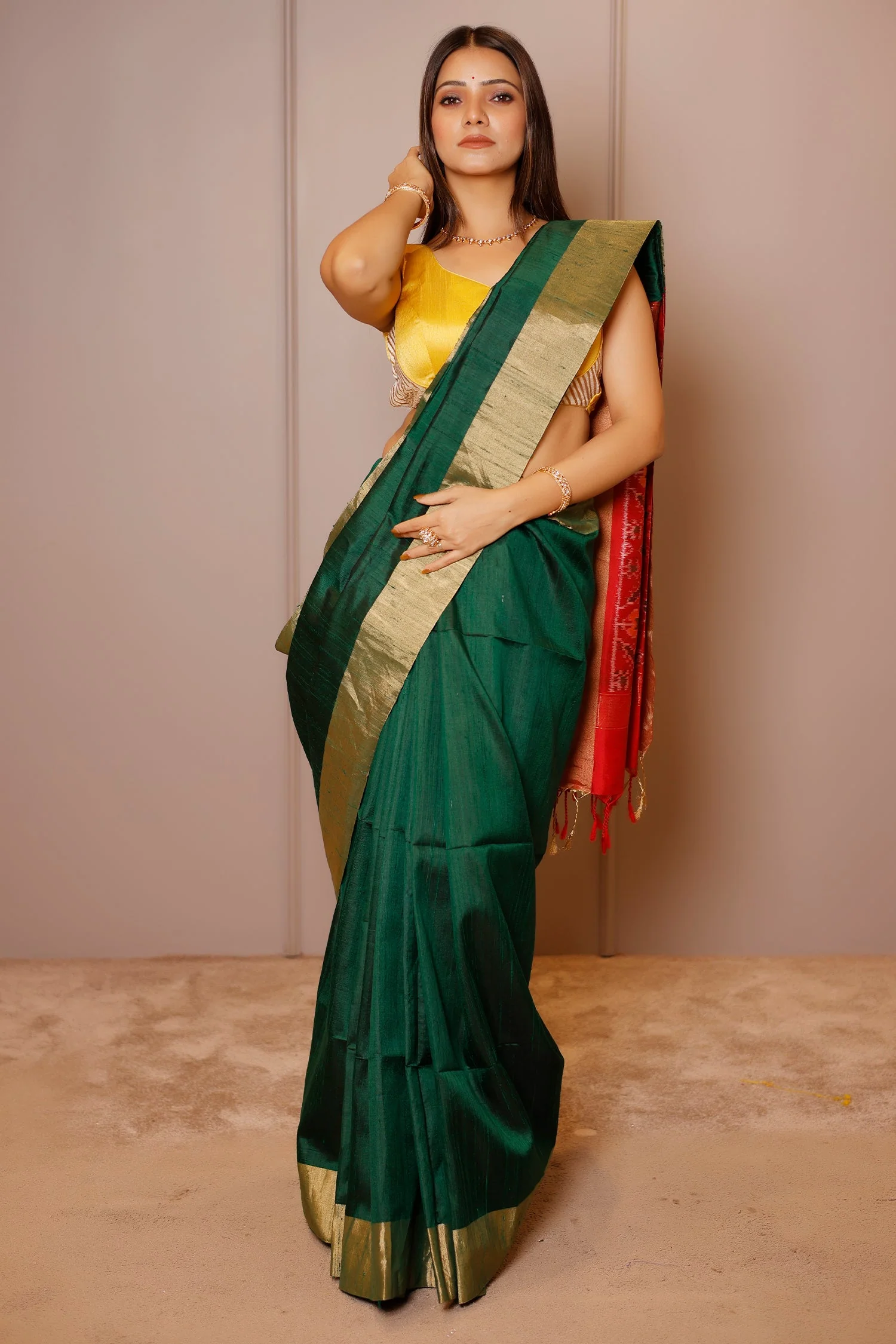 Bottle Green Raw Silk Plain Saree with Contrast Patola Pallu - Image 2