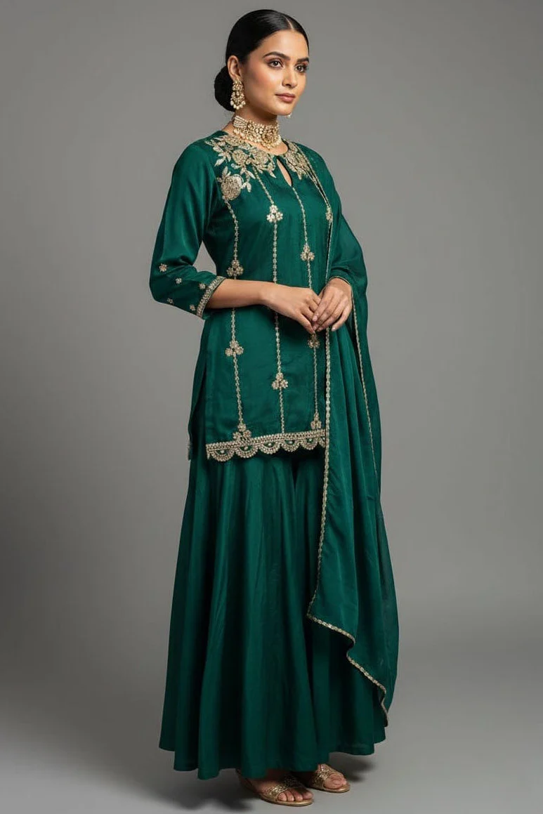 Bottle Green Satin Organza Gota Worked Lehenga Suit