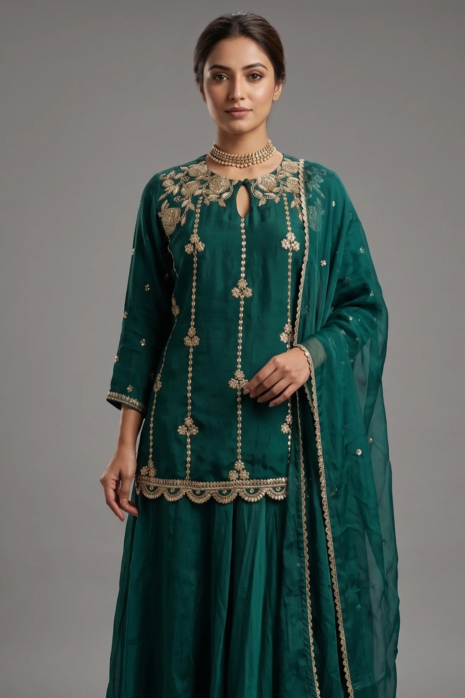 Bottle Green Satin Organza Gota Worked Lehenga Suit - Image 2