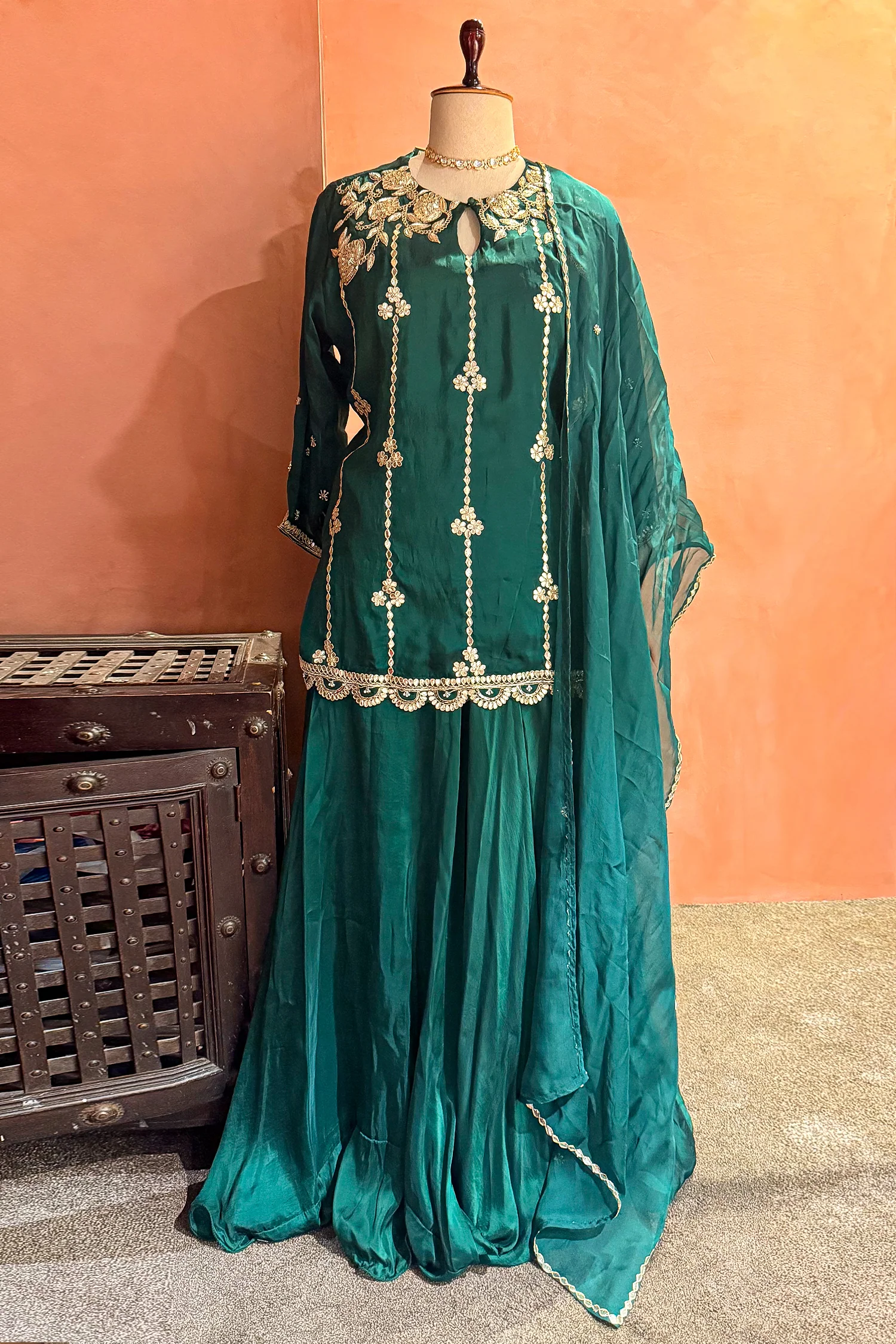 Bottle Green Satin Organza Gota Worked Lehenga Suit - Image 3