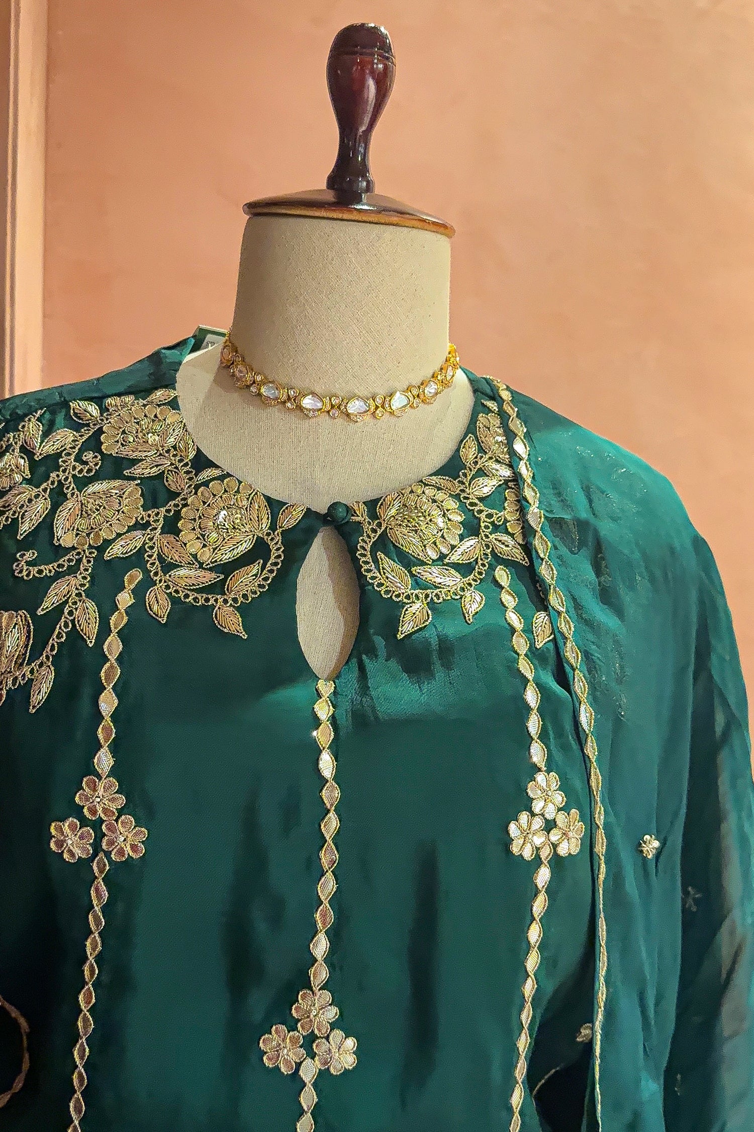 Bottle Green Satin Organza Gota Worked Lehenga Suit - Image 4
