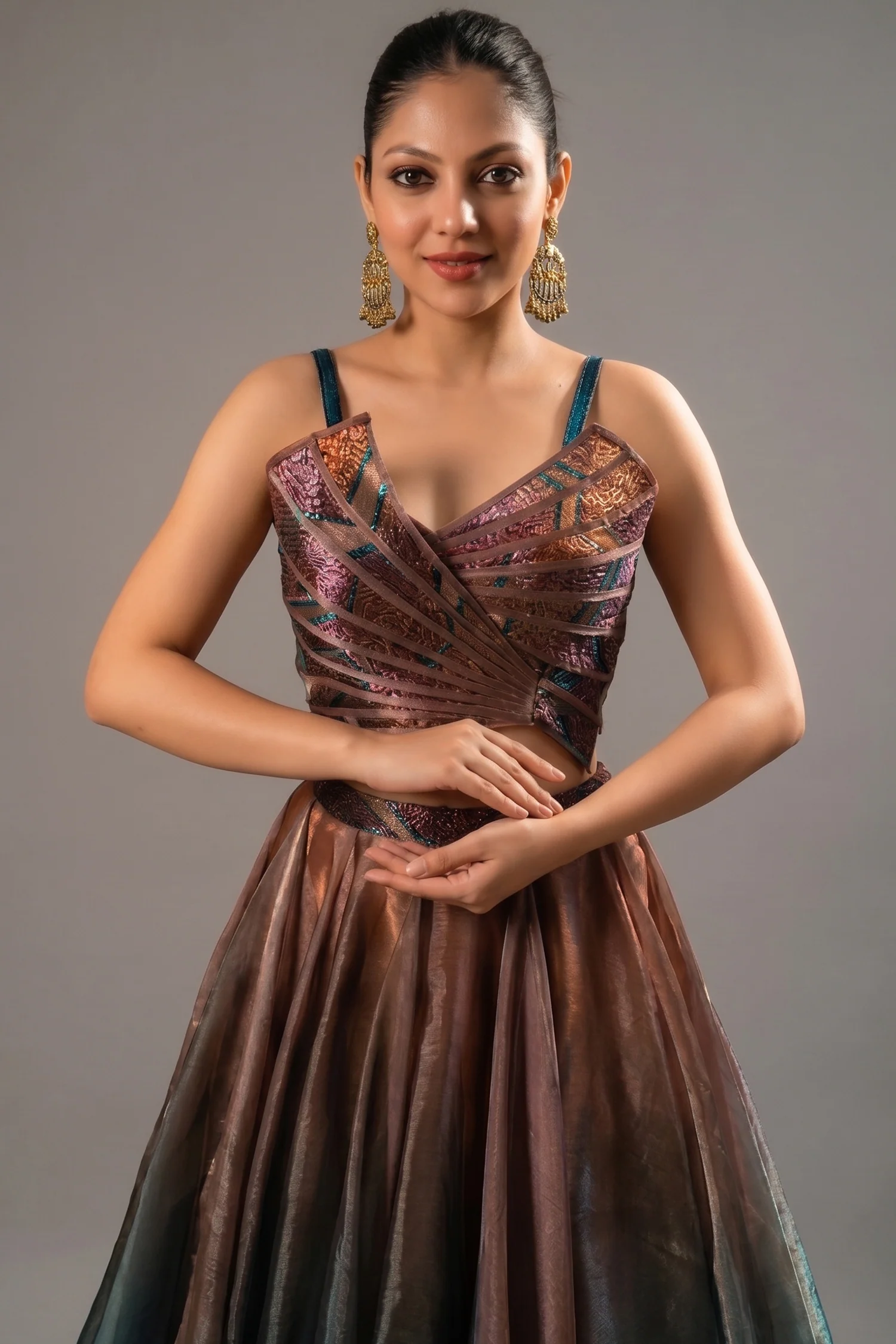 Brown and Prussian Blue Glass Organza Asymmetrical Lehenga - Image 2