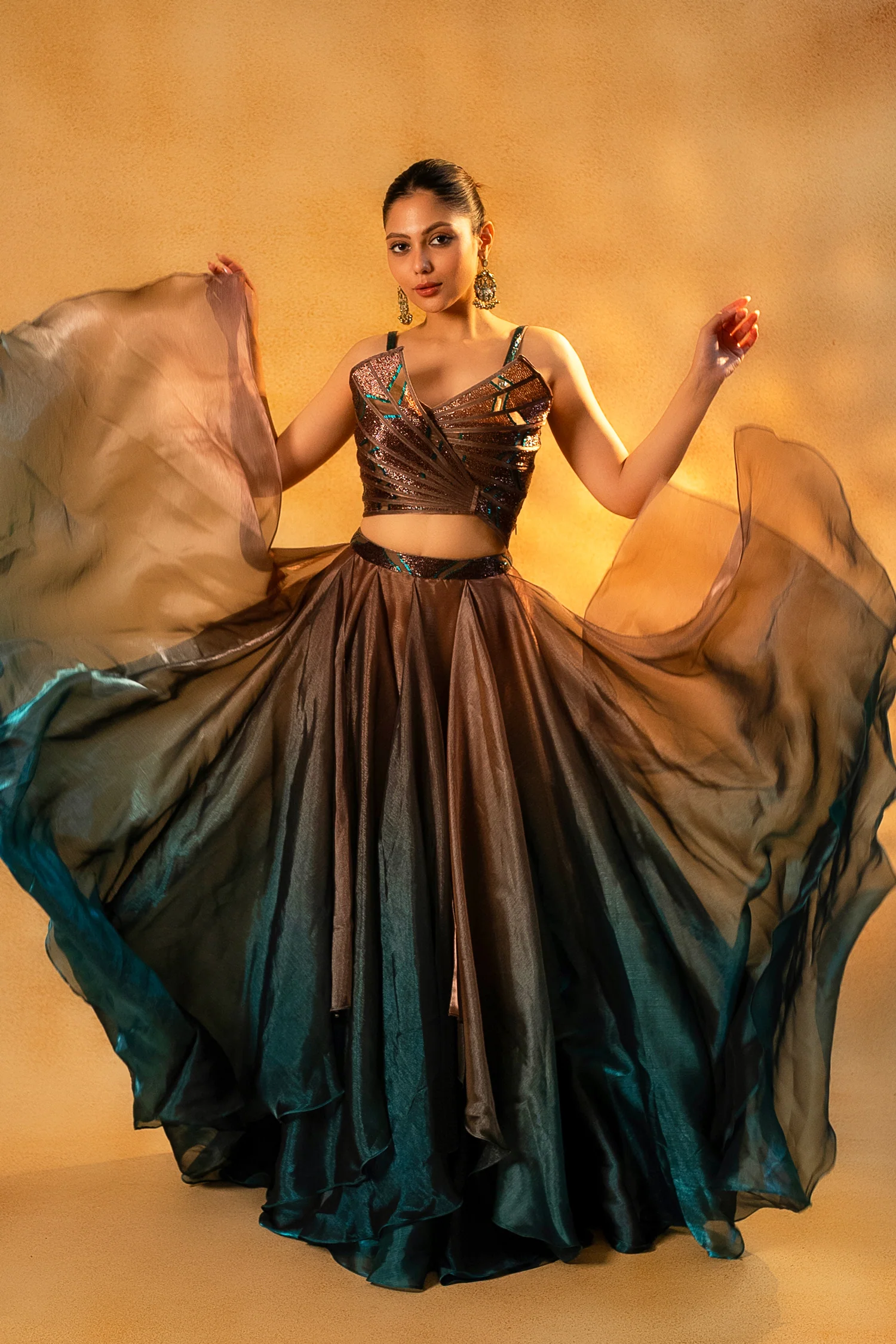 Brown and Prussian Blue Glass Organza Asymmetrical Lehenga - Image 3