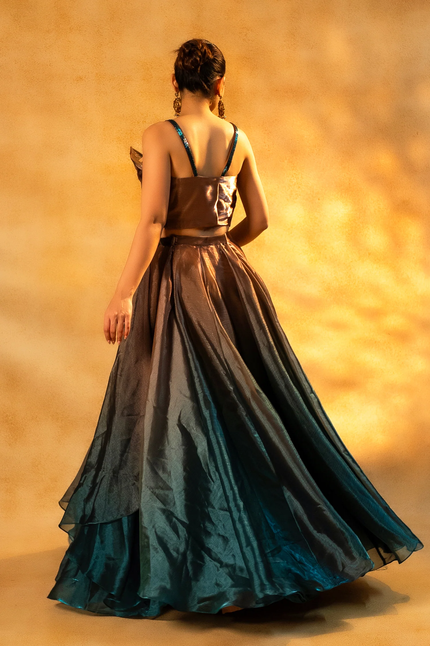 Brown and Prussian Blue Glass Organza Asymmetrical Lehenga - Image 4