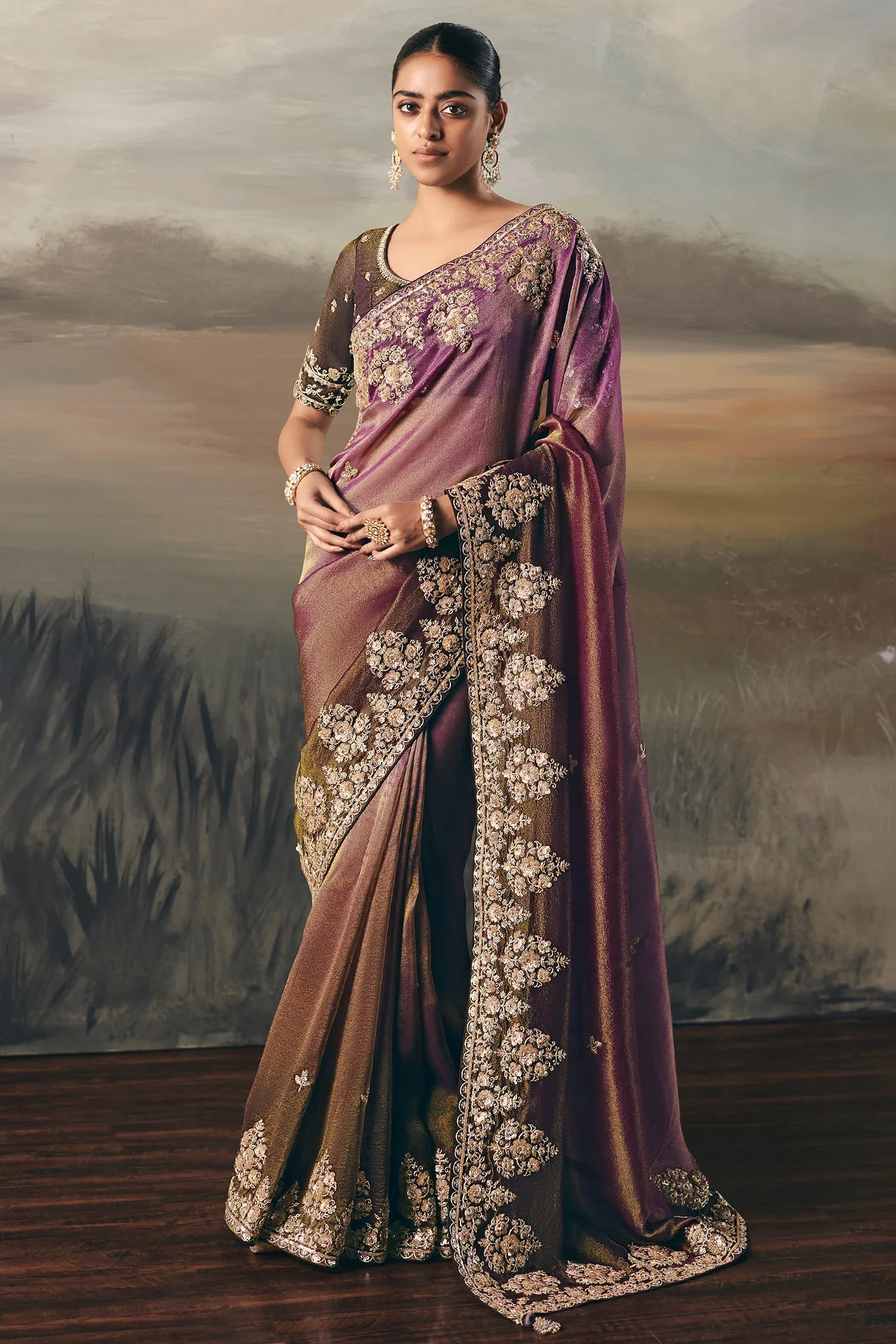 Brown and Purple Tissue Saree with Sequin and Embroidered Border - Image 2