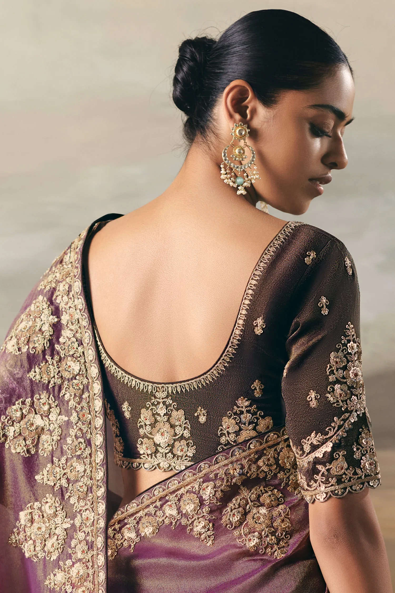 Brown and Purple Tissue Saree with Sequin and Embroidered Border - Image 3