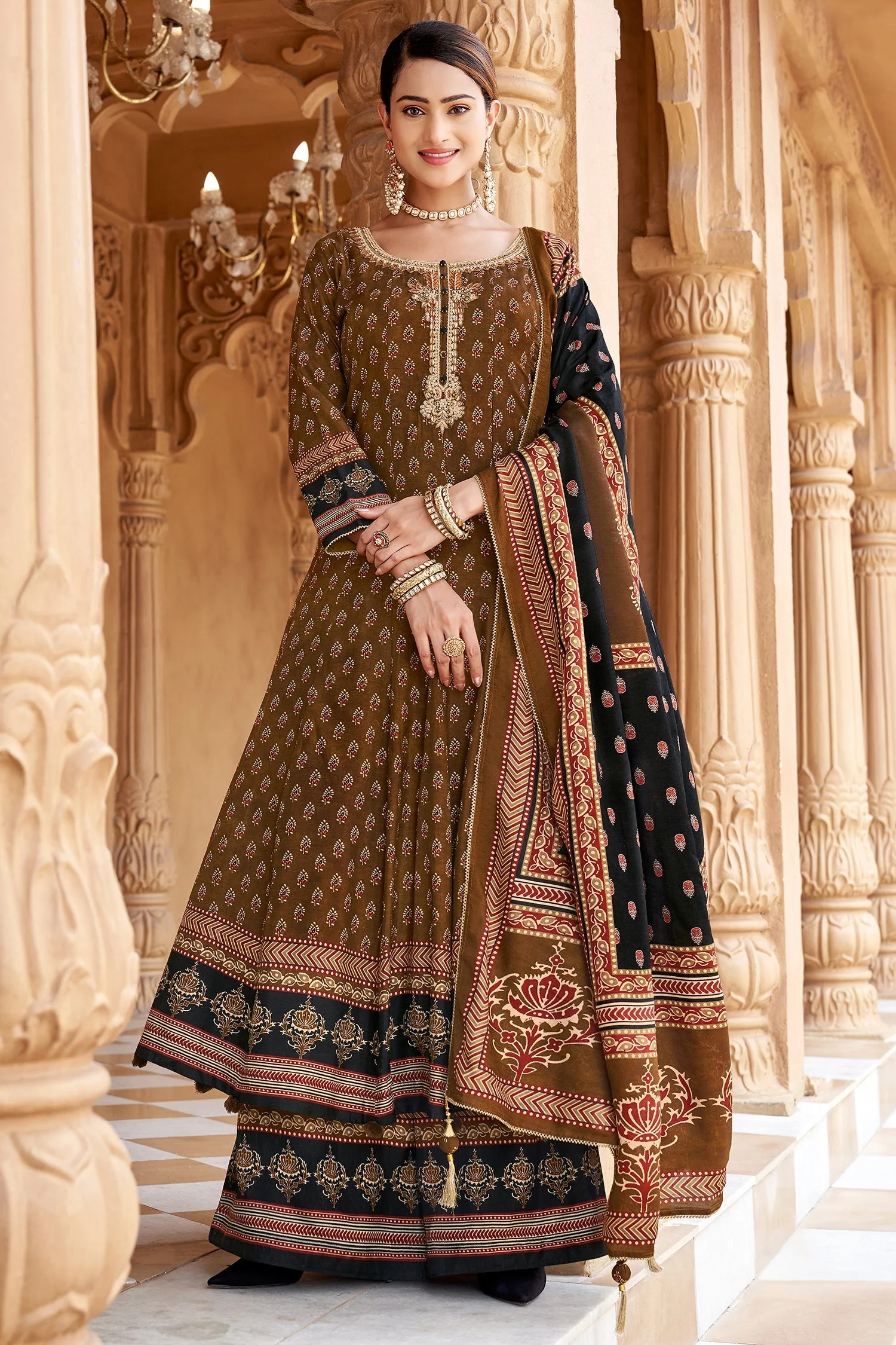 Brown Crepe Muslin Printed Anarkali Palazzo Suit - Image 2