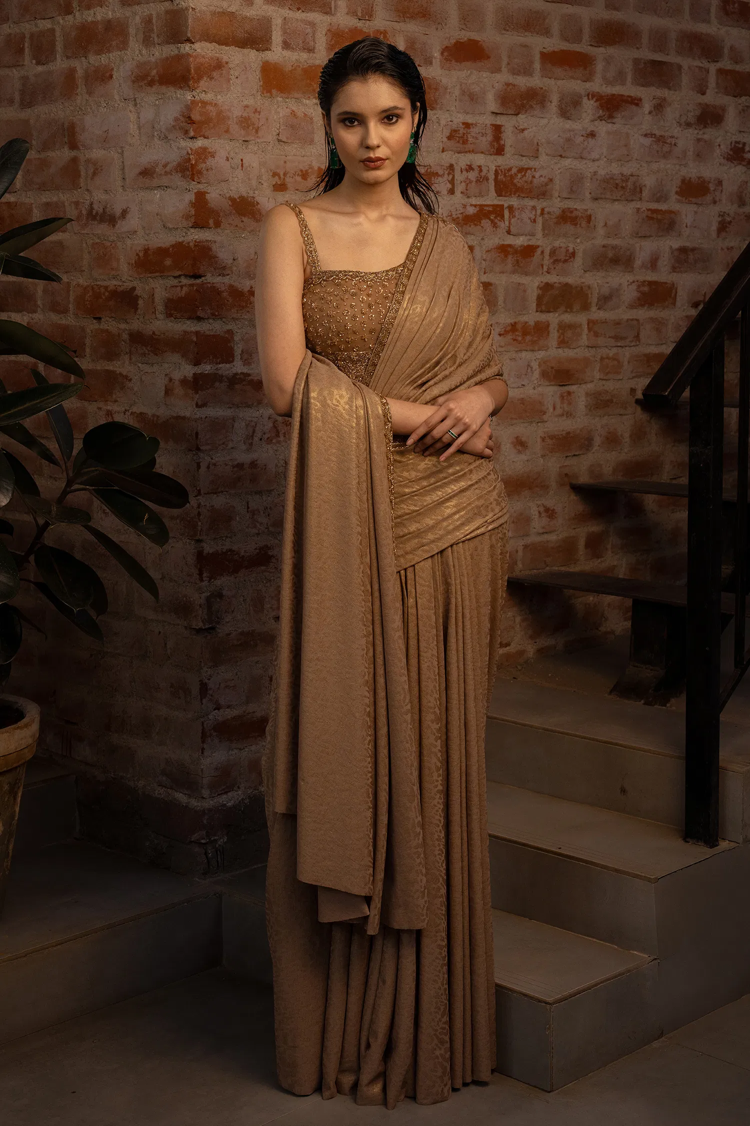 Brown Lycra Fancy Ready to Wear Saree with Sequin and Cutdana Work - Image 3
