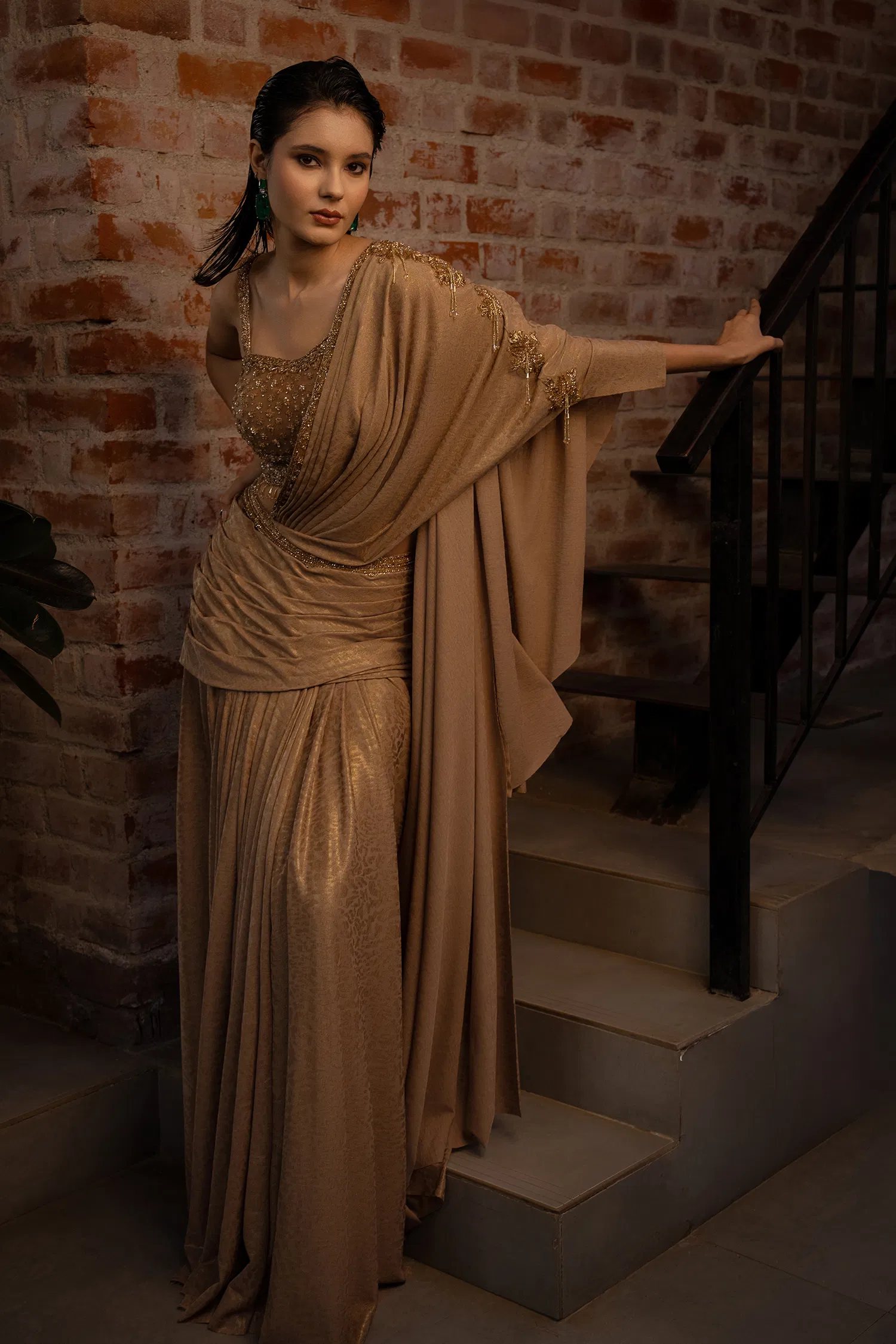Brown Lycra Fancy Ready to Wear Saree with Sequin and Cutdana Work - Image 4