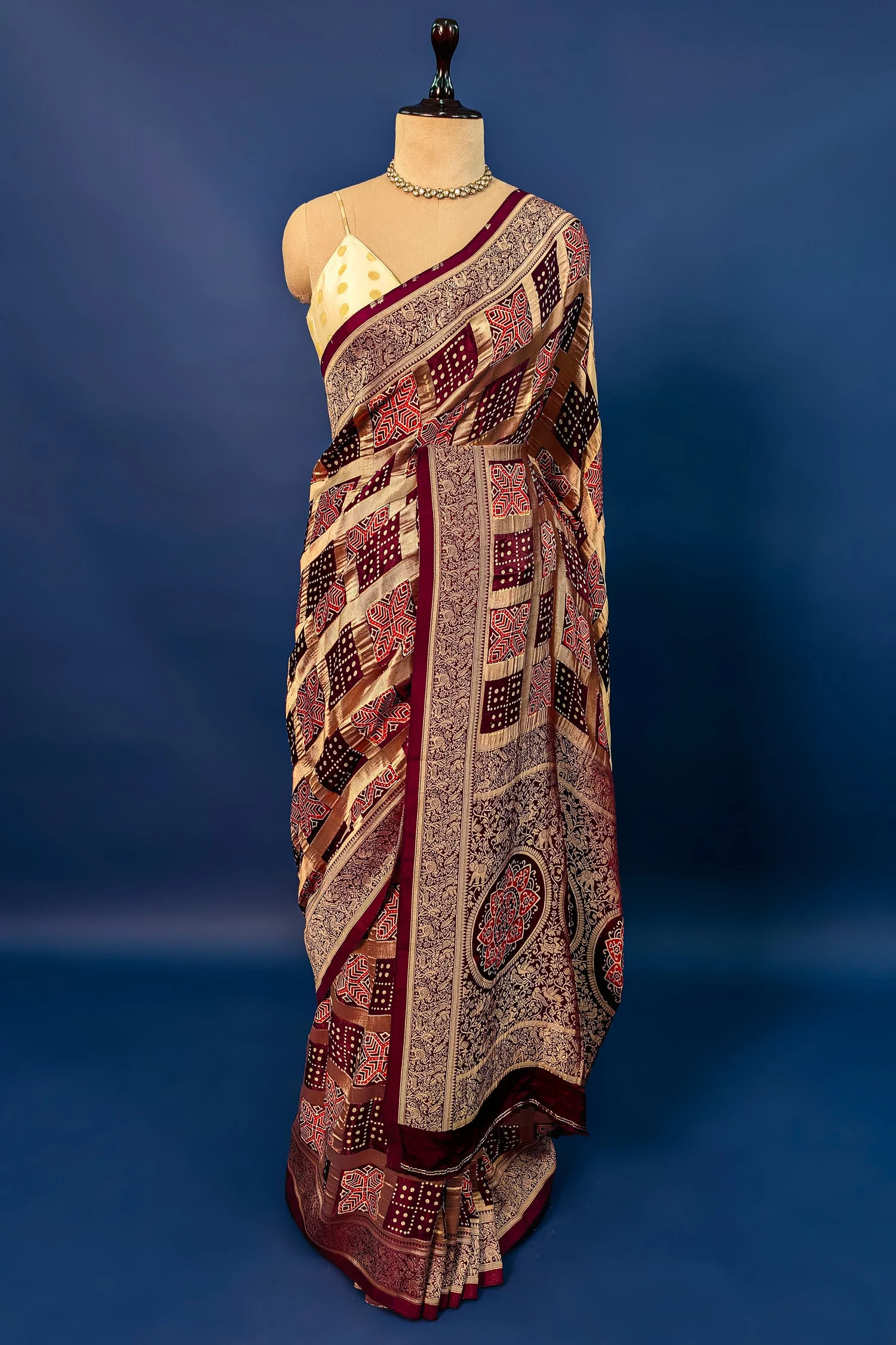 Brown Modal Silk Checks Ajrakh Printed Saree - Image 2