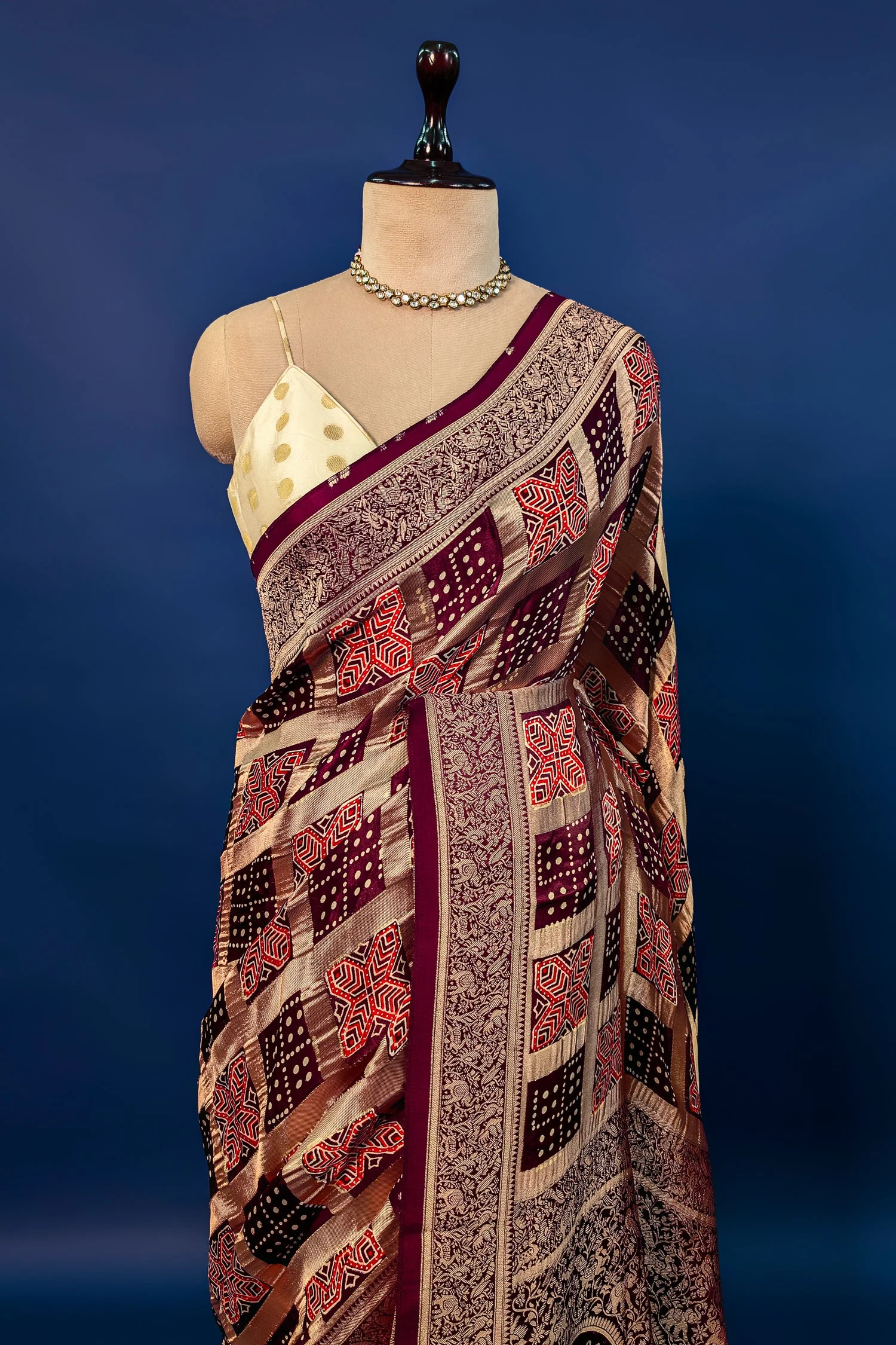 Brown Modal Silk Checks Ajrakh Printed Saree - Image 3