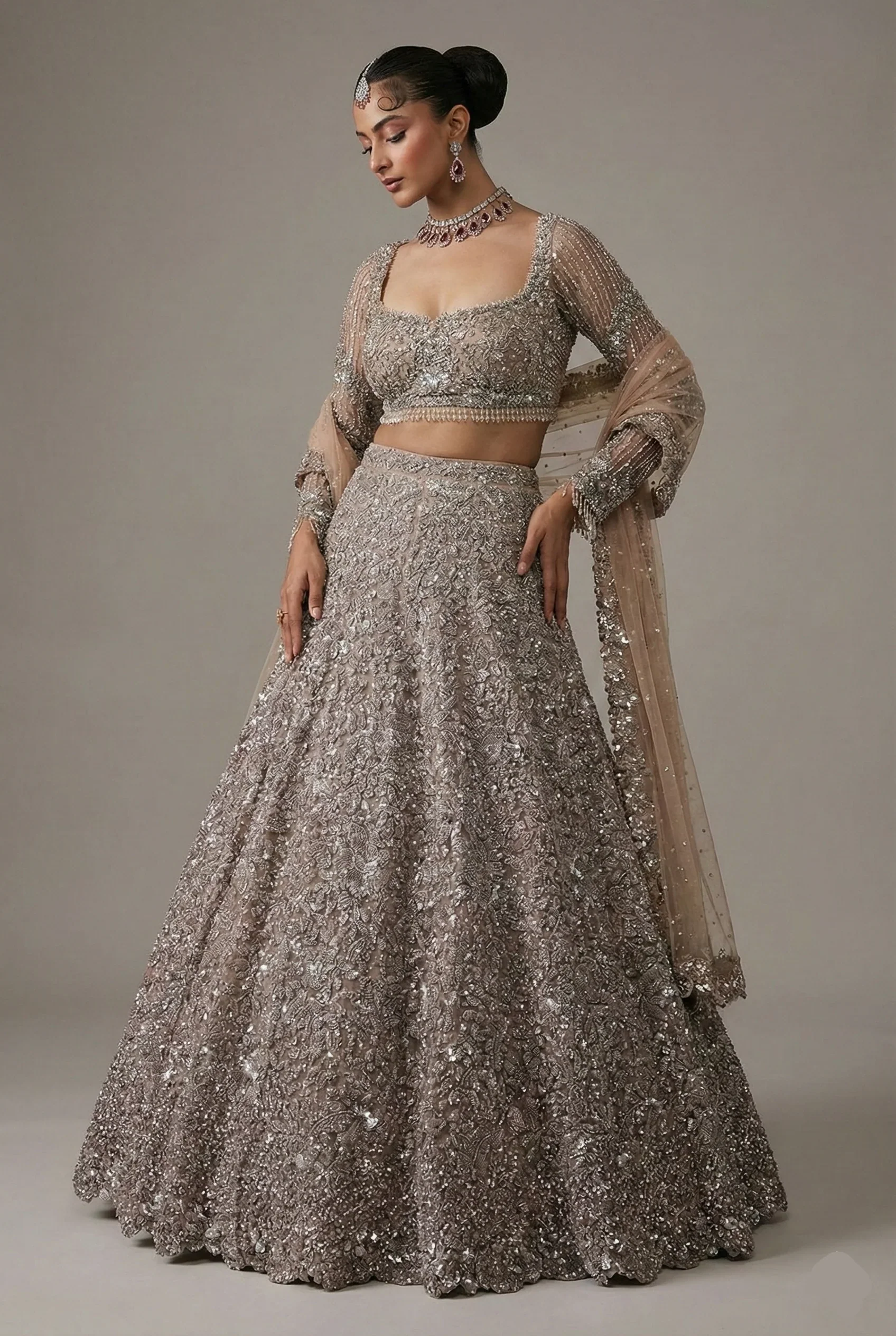 Brown Net Designer Embellished Lehenga with Heavy Work