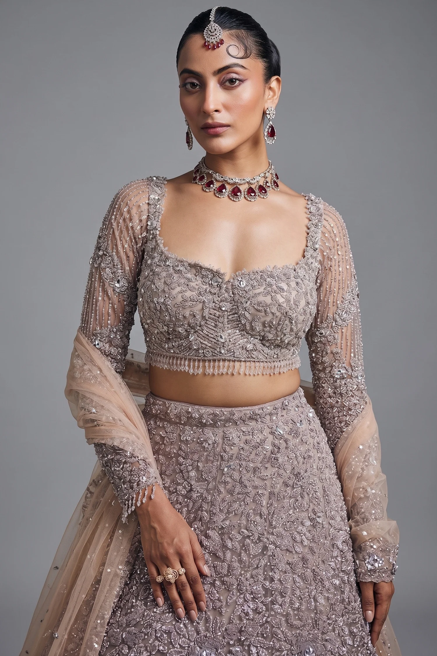 Brown Net Designer Embellished Lehenga with Heavy Work - Image 2