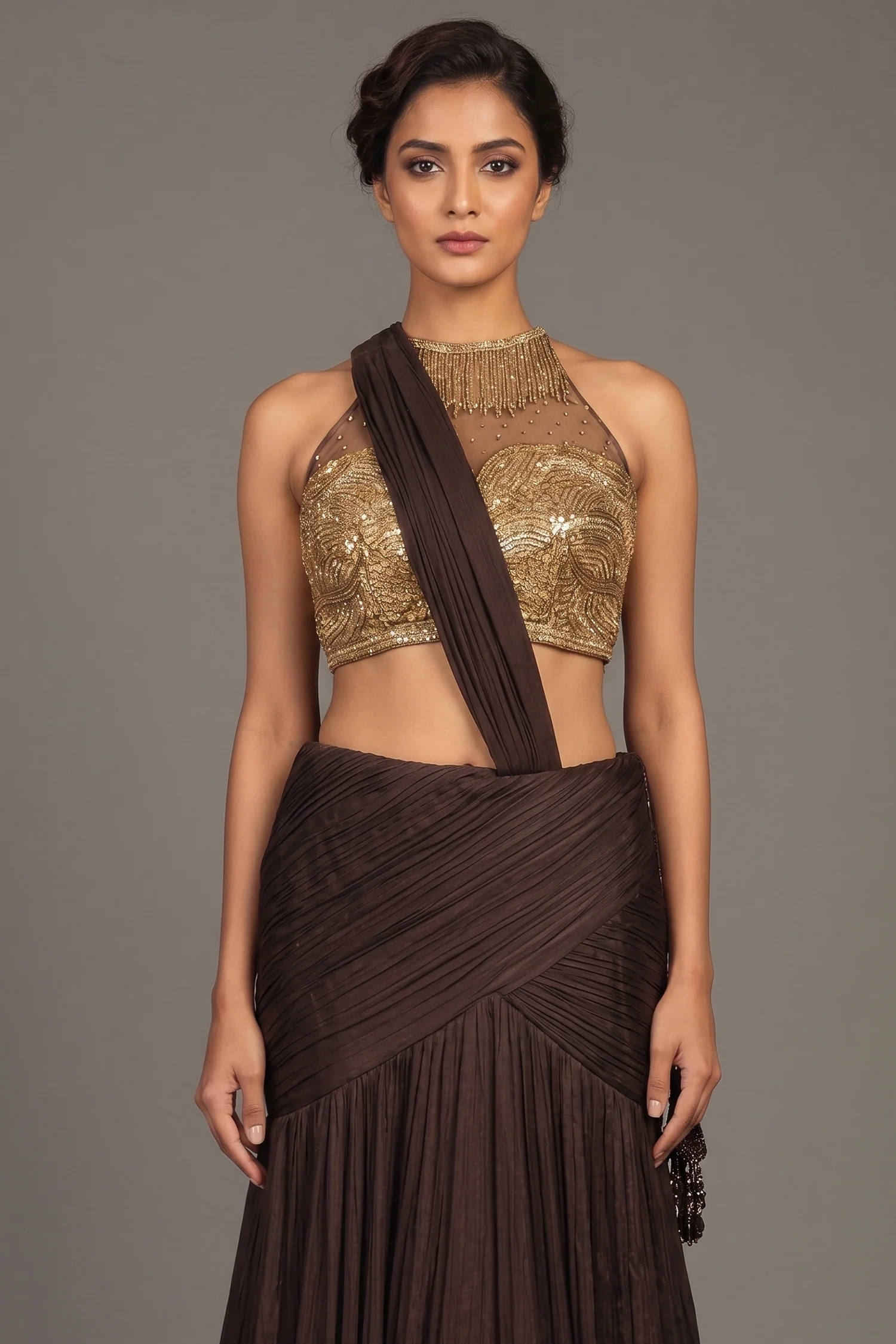 Brown Pleated Fish-Cut Lehenga with Gold Sequin Choli - Image 2