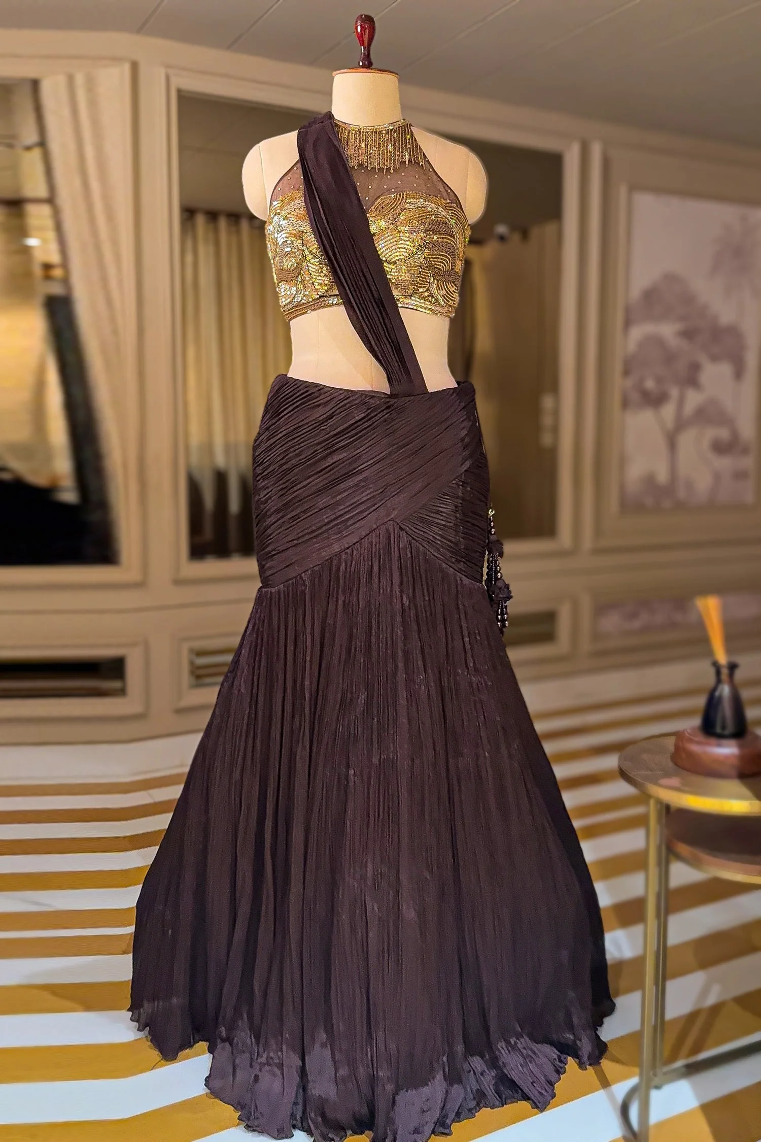 Brown Pleated Fish-Cut Lehenga with Gold Sequin Choli - Image 3