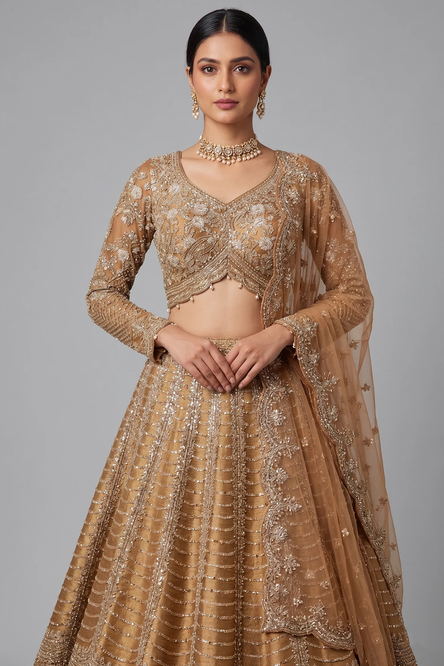 Brown Silk Mirror Worked Scallop Design Lehenga - Image 2
