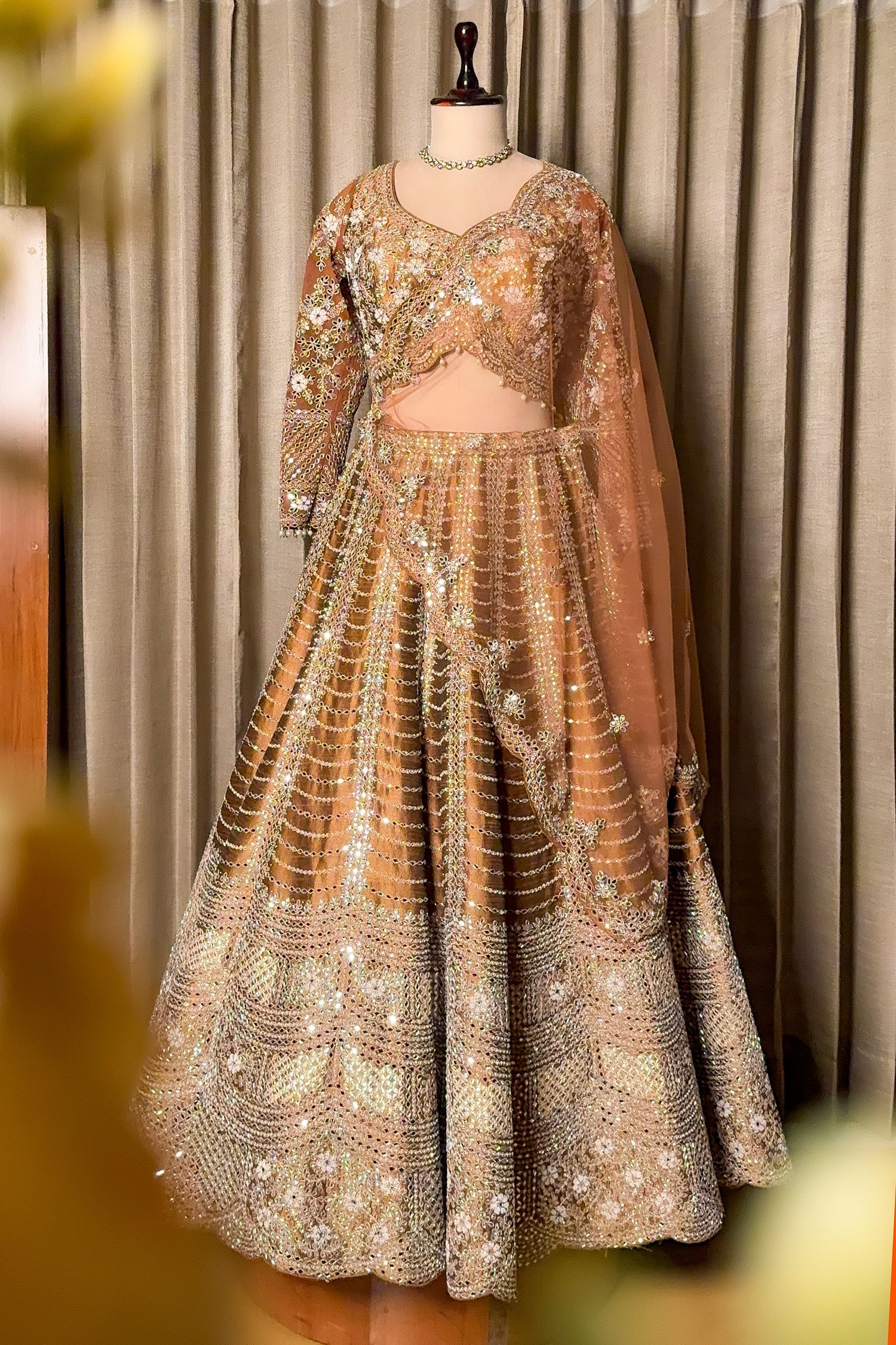 Brown Silk Mirror Worked Scallop Design Lehenga - Image 3
