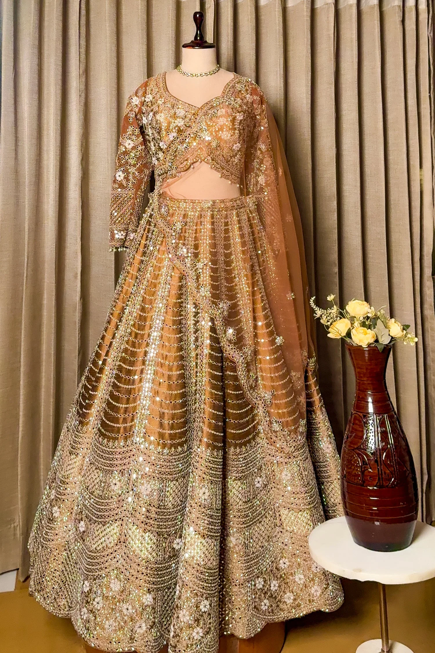 Brown Silk Mirror Worked Scallop Design Lehenga - Image 4