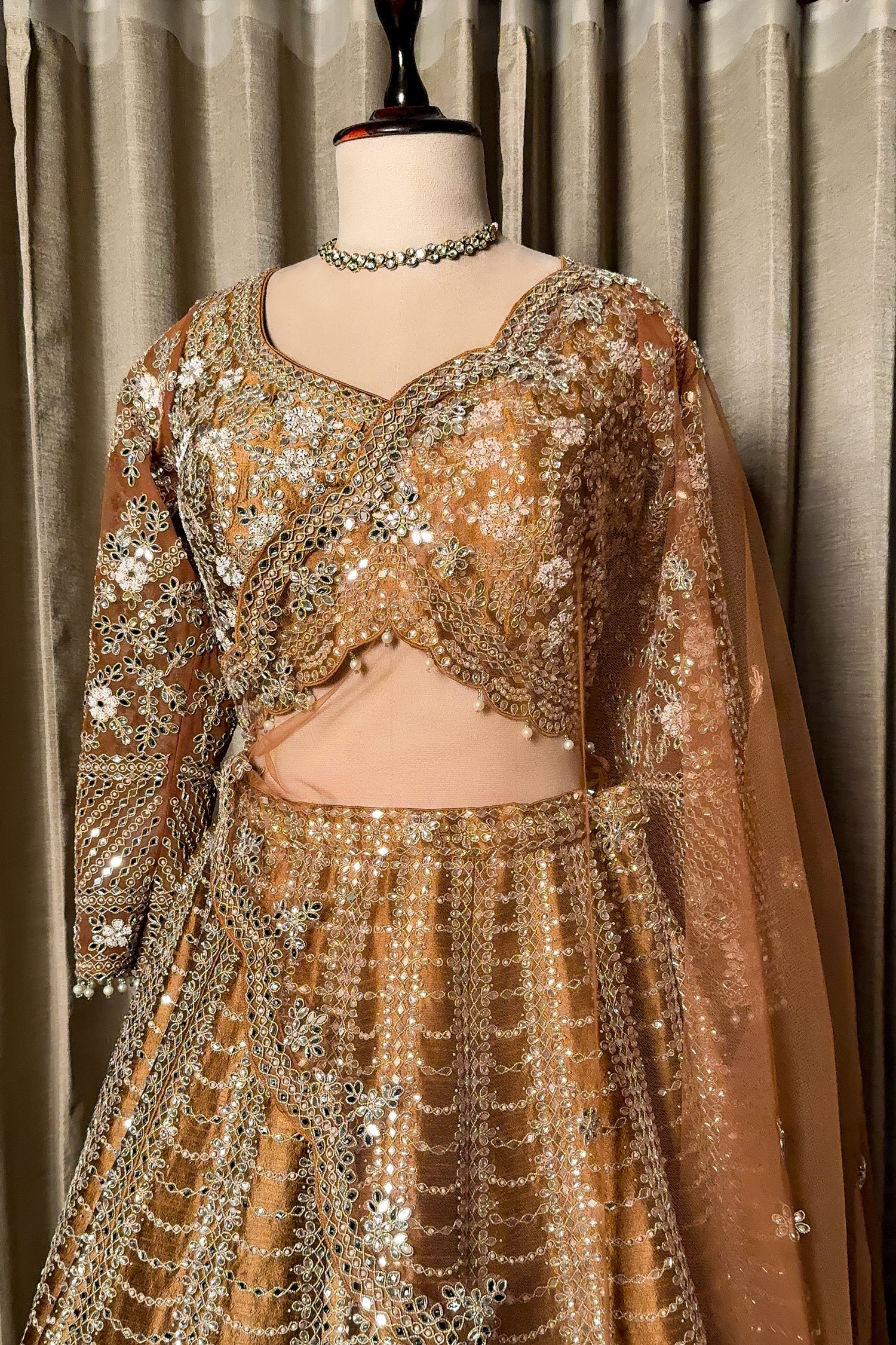 Brown Silk Mirror Worked Scallop Design Lehenga - Image 5