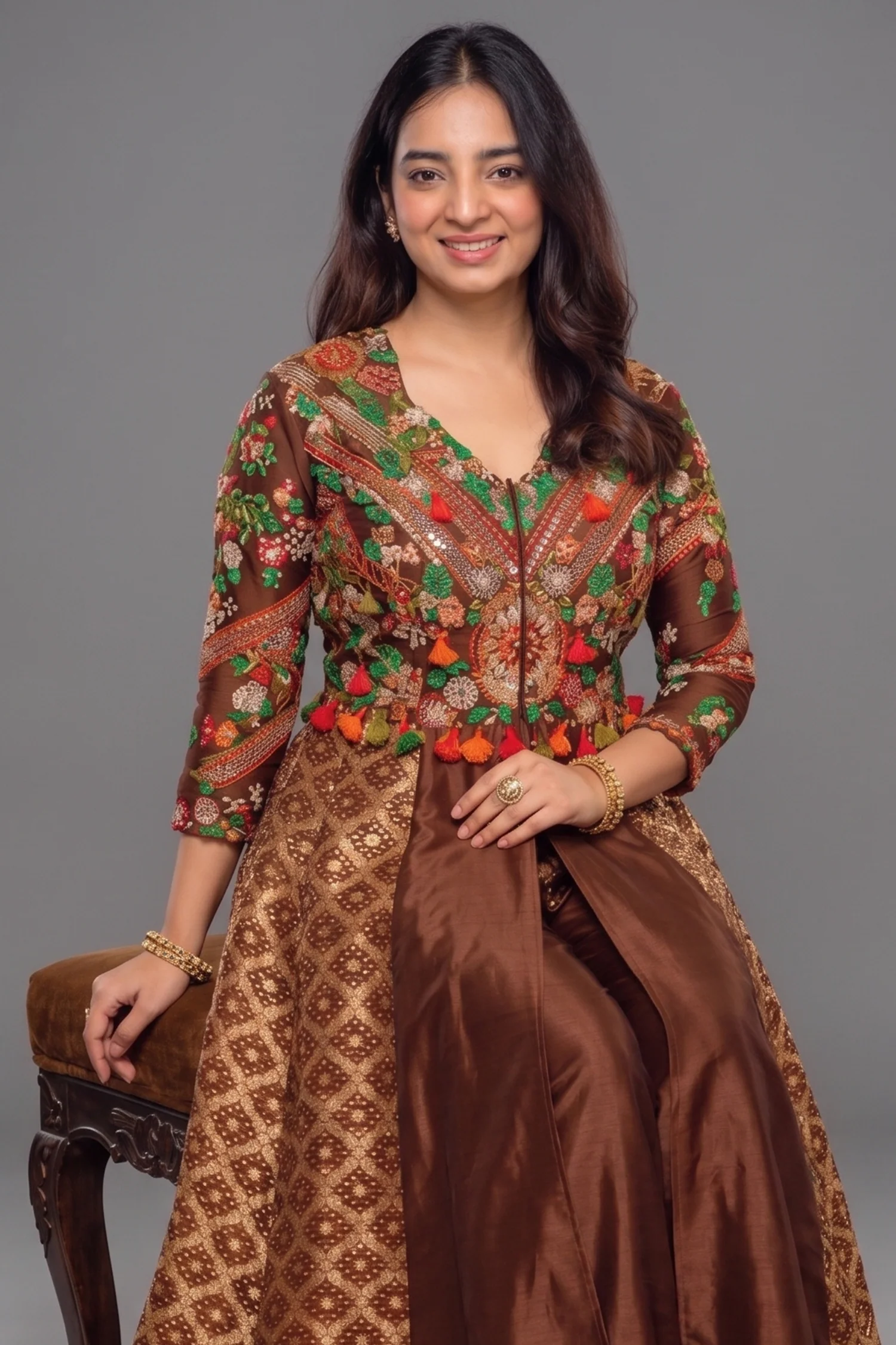 Brown Silk Sequin Embroidered Slit Cut Indo Western Set - Image 2