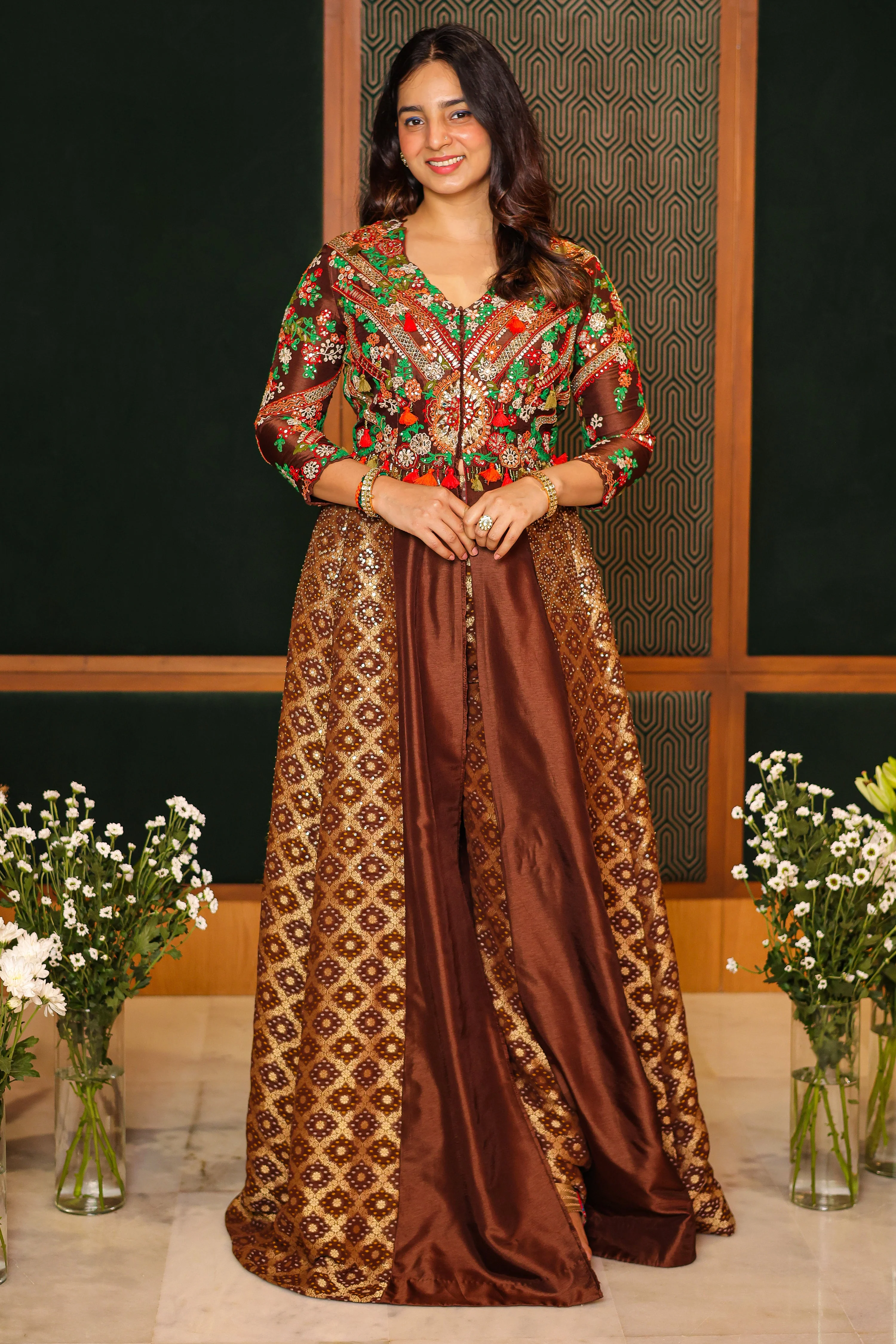 Brown Silk Sequin Embroidered Slit Cut Indo Western Set - Image 3