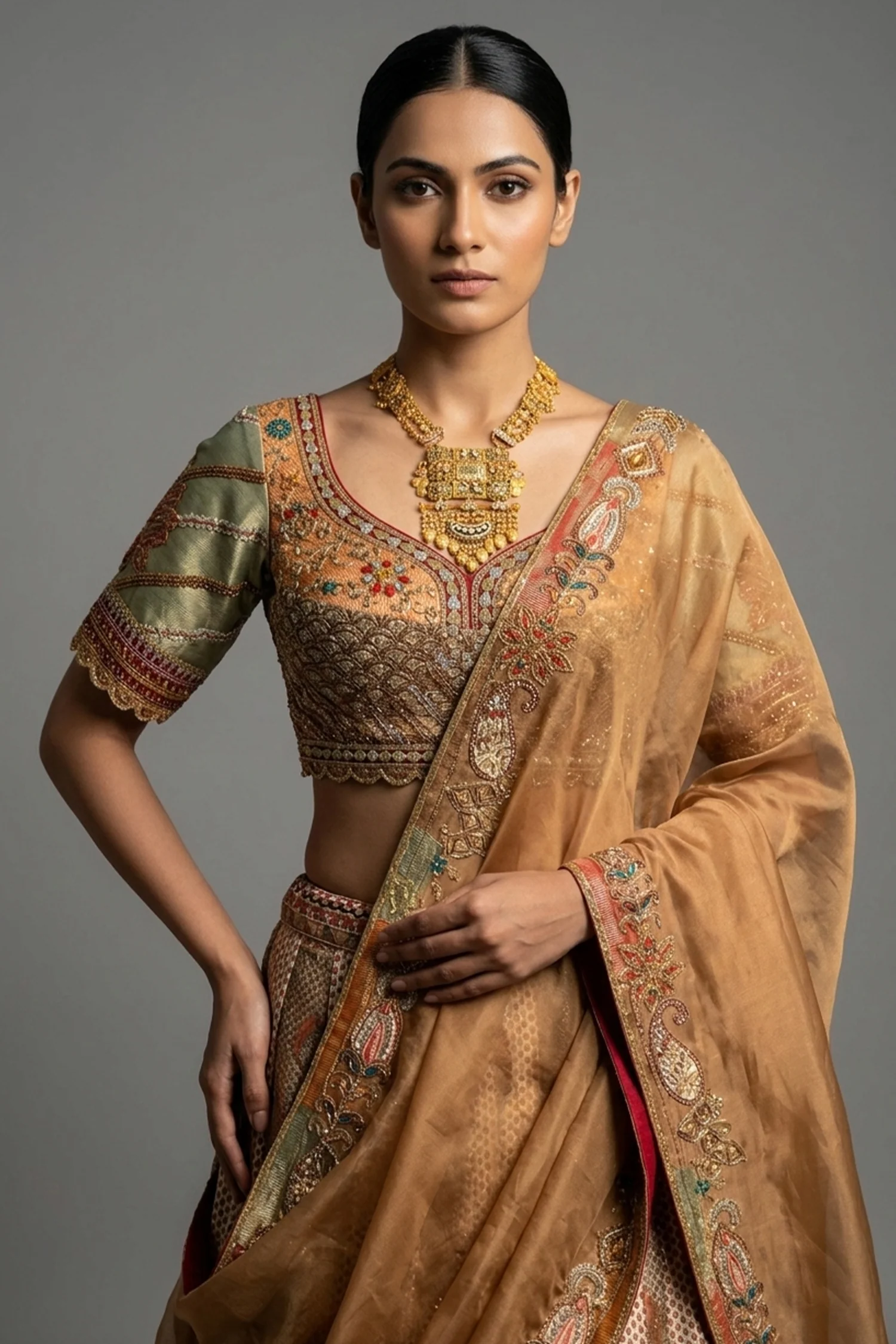 Brown Tissue Silk Printed Lehenga with Zardosi Work - Image 2