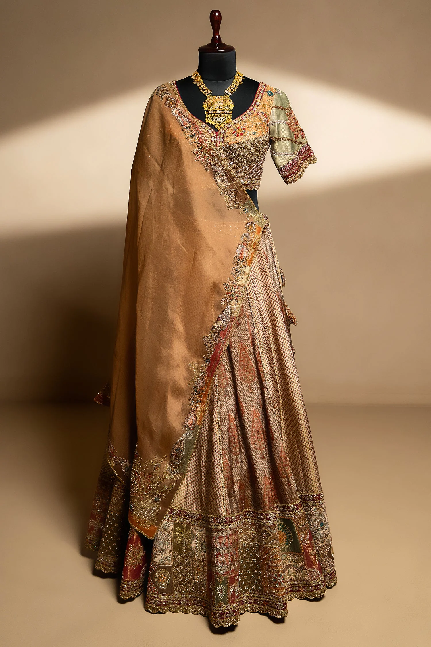 Brown Tissue Silk Printed Lehenga with Zardosi Work - Image 3