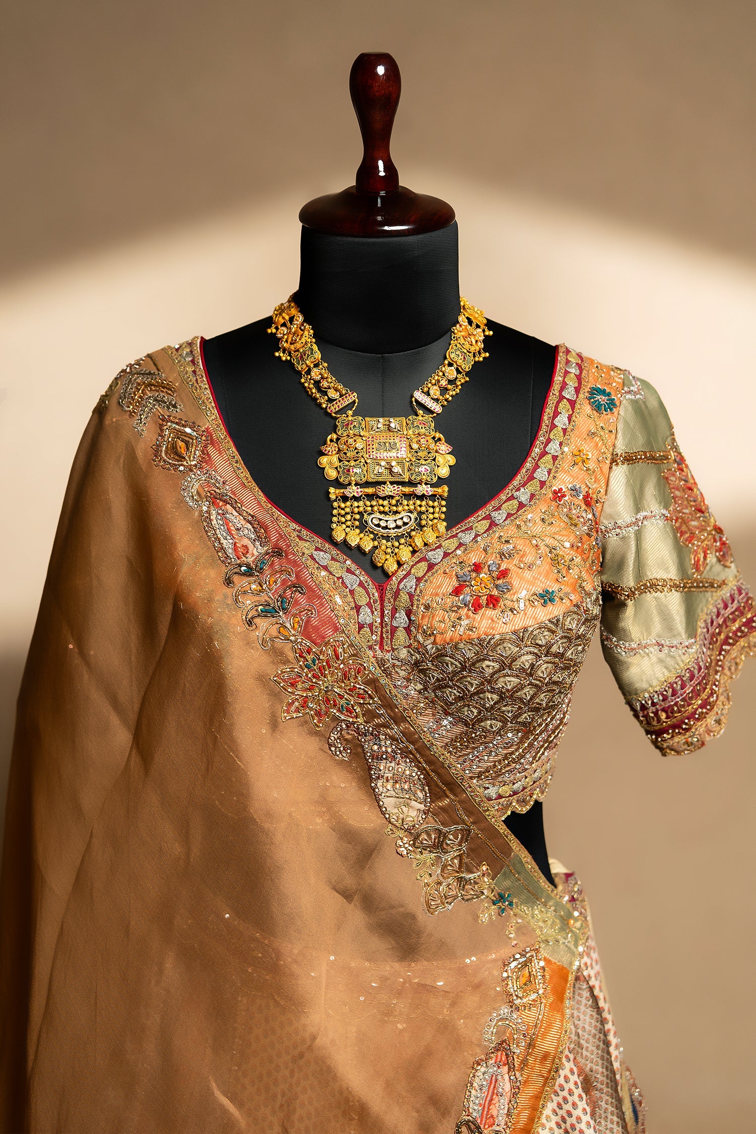 Brown Tissue Silk Printed Lehenga with Zardosi Work - Image 4