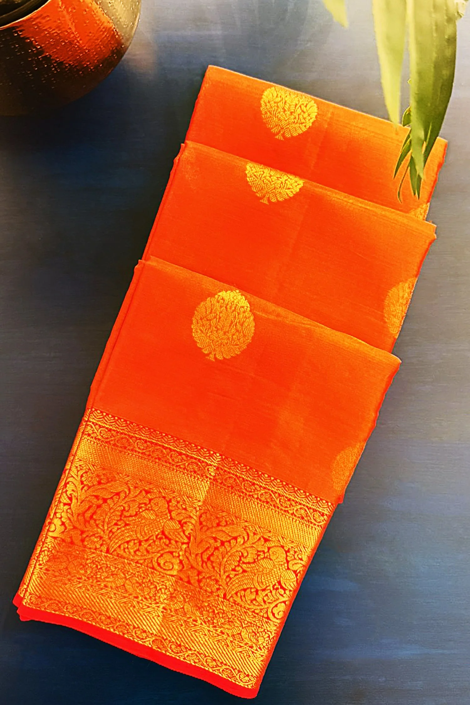 Burnt Orange Kanchipuram Tissue Silk Woven Saree - Image 2