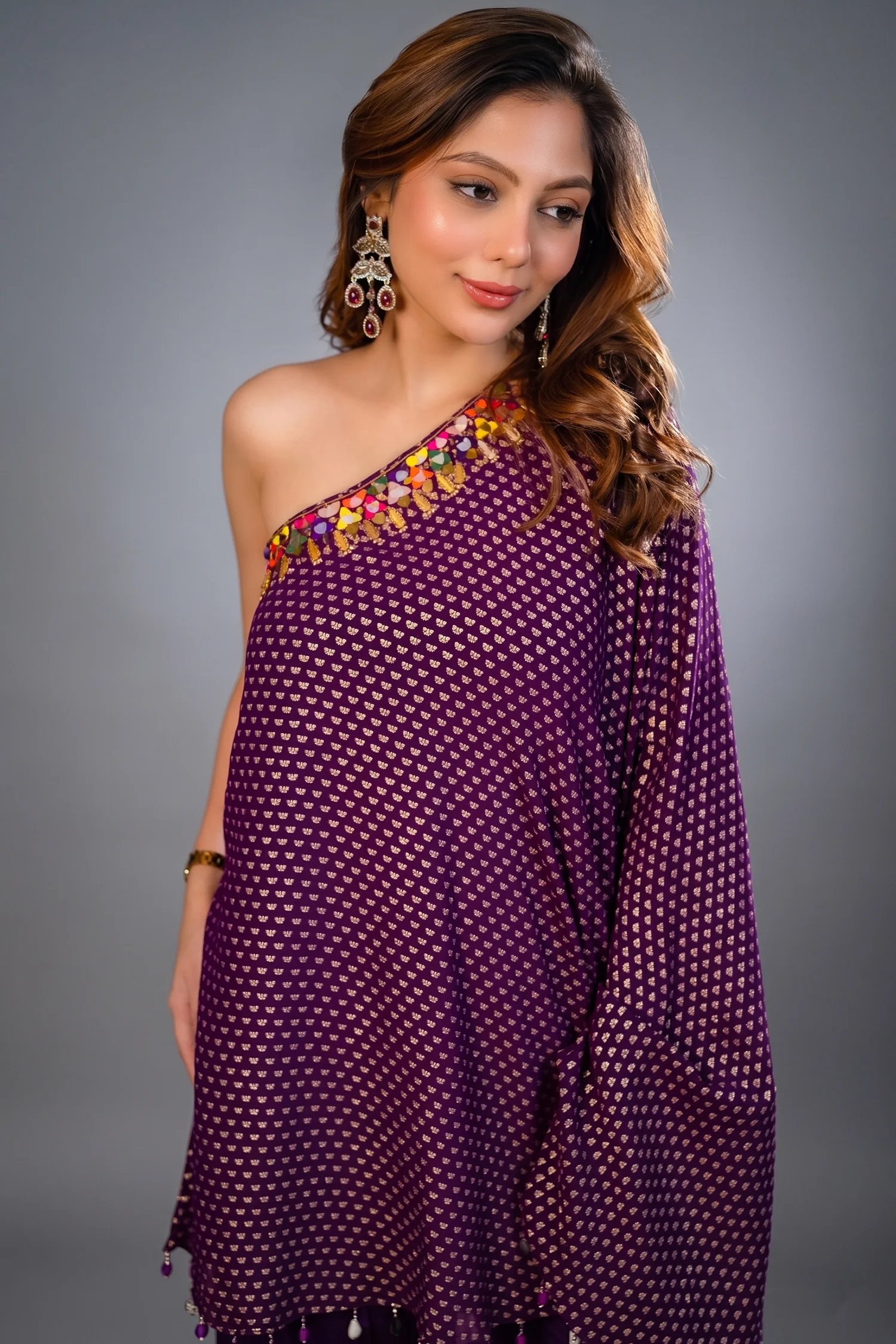 Byzantium Purple Georgette One Shoulder Asymmetrical Palazzo Set with Mirror Work - Image 2