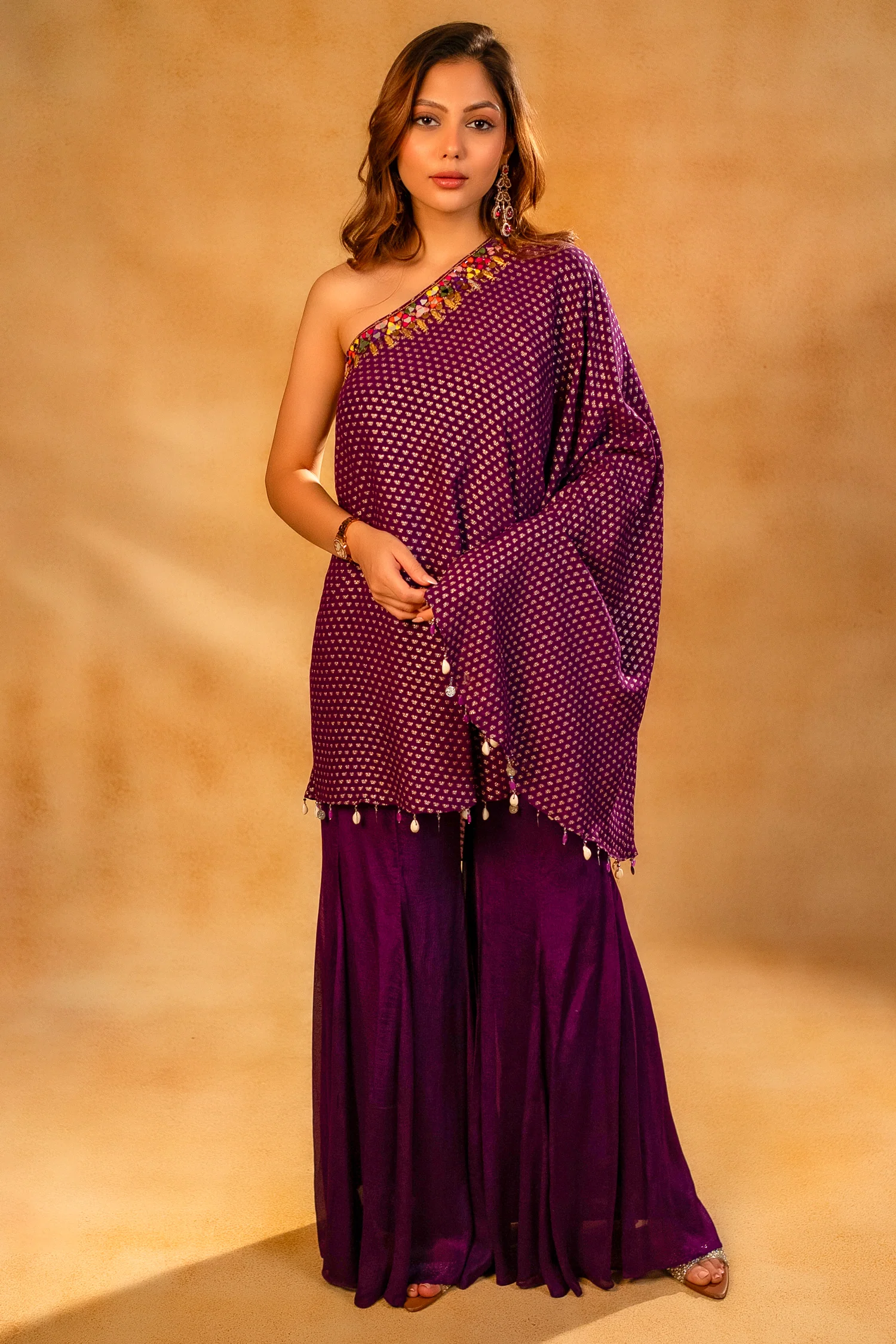Byzantium Purple Georgette One Shoulder Asymmetrical Palazzo Set with Mirror Work - Image 3