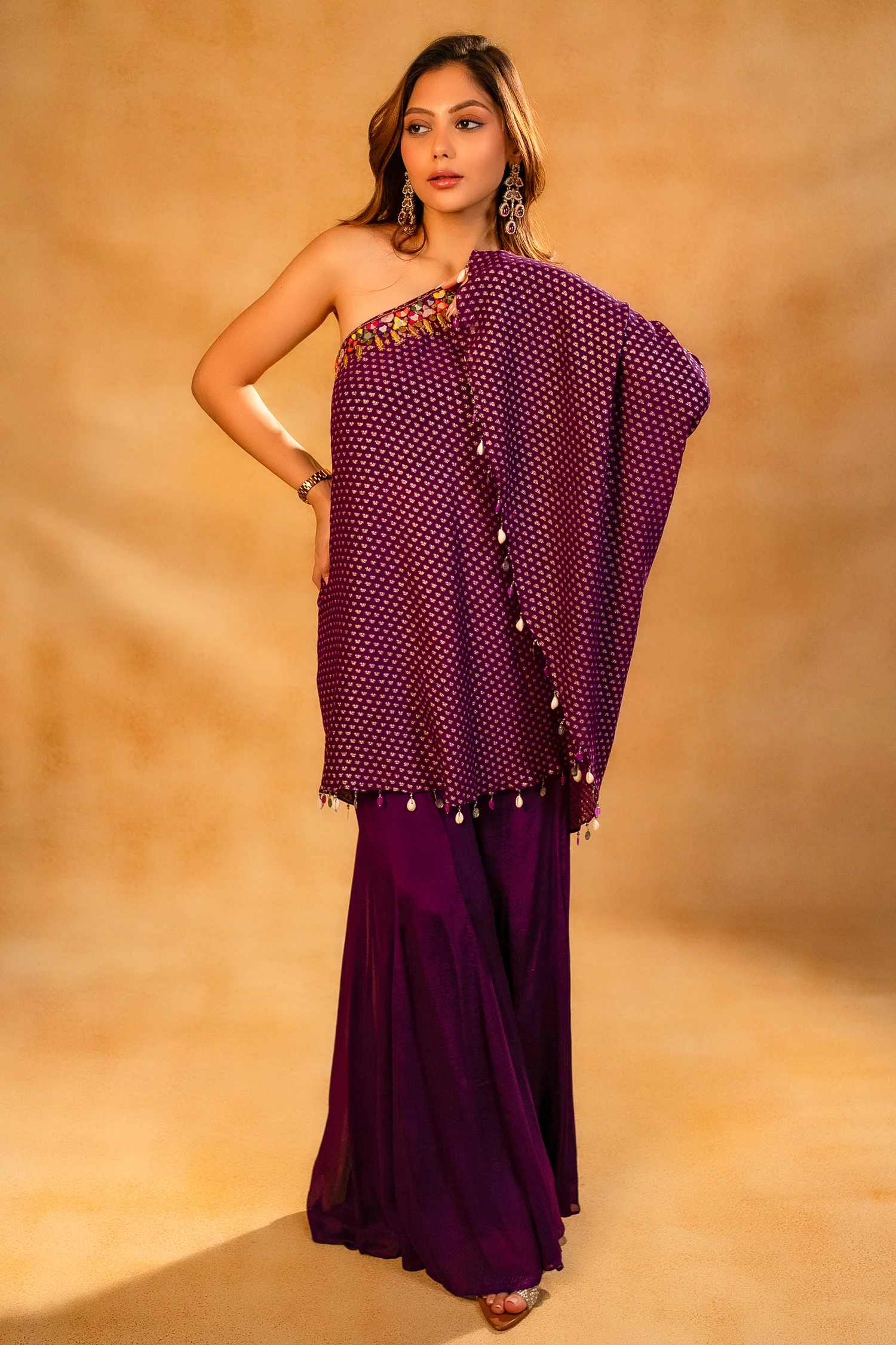 Byzantium Purple Georgette One Shoulder Asymmetrical Palazzo Set with Mirror Work - Image 4
