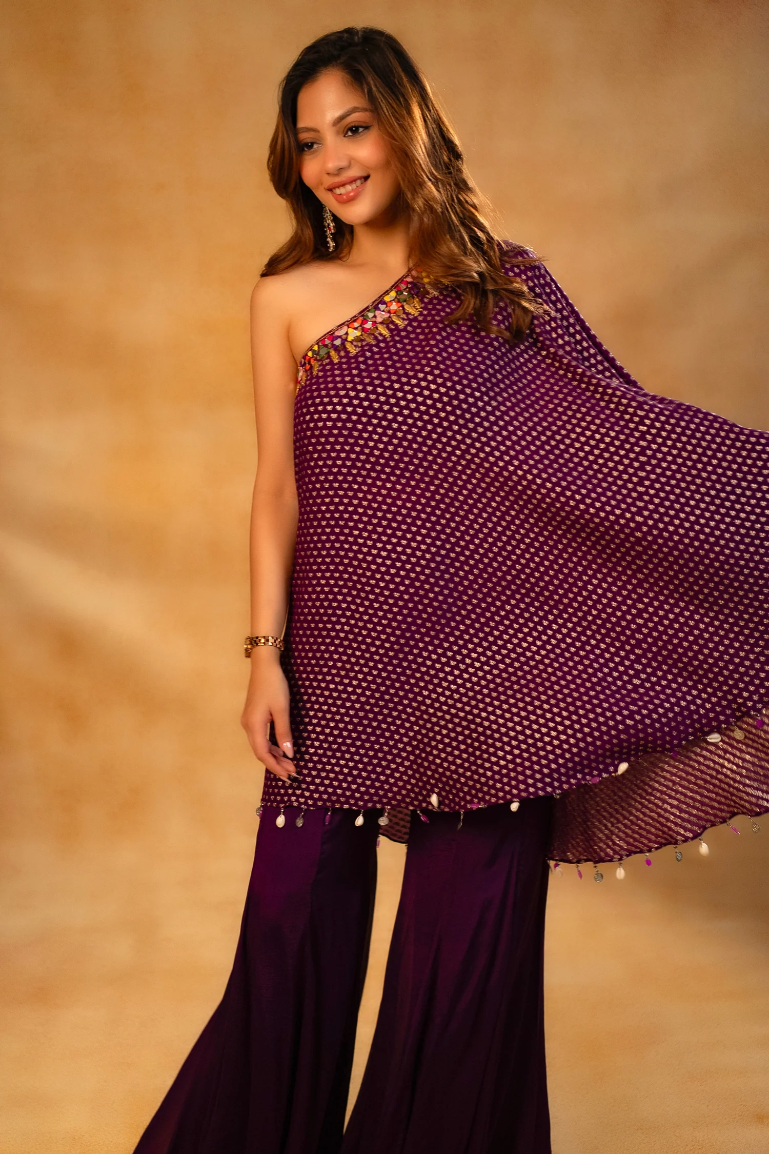 Byzantium Purple Georgette One Shoulder Asymmetrical Palazzo Set with Mirror Work - Image 5
