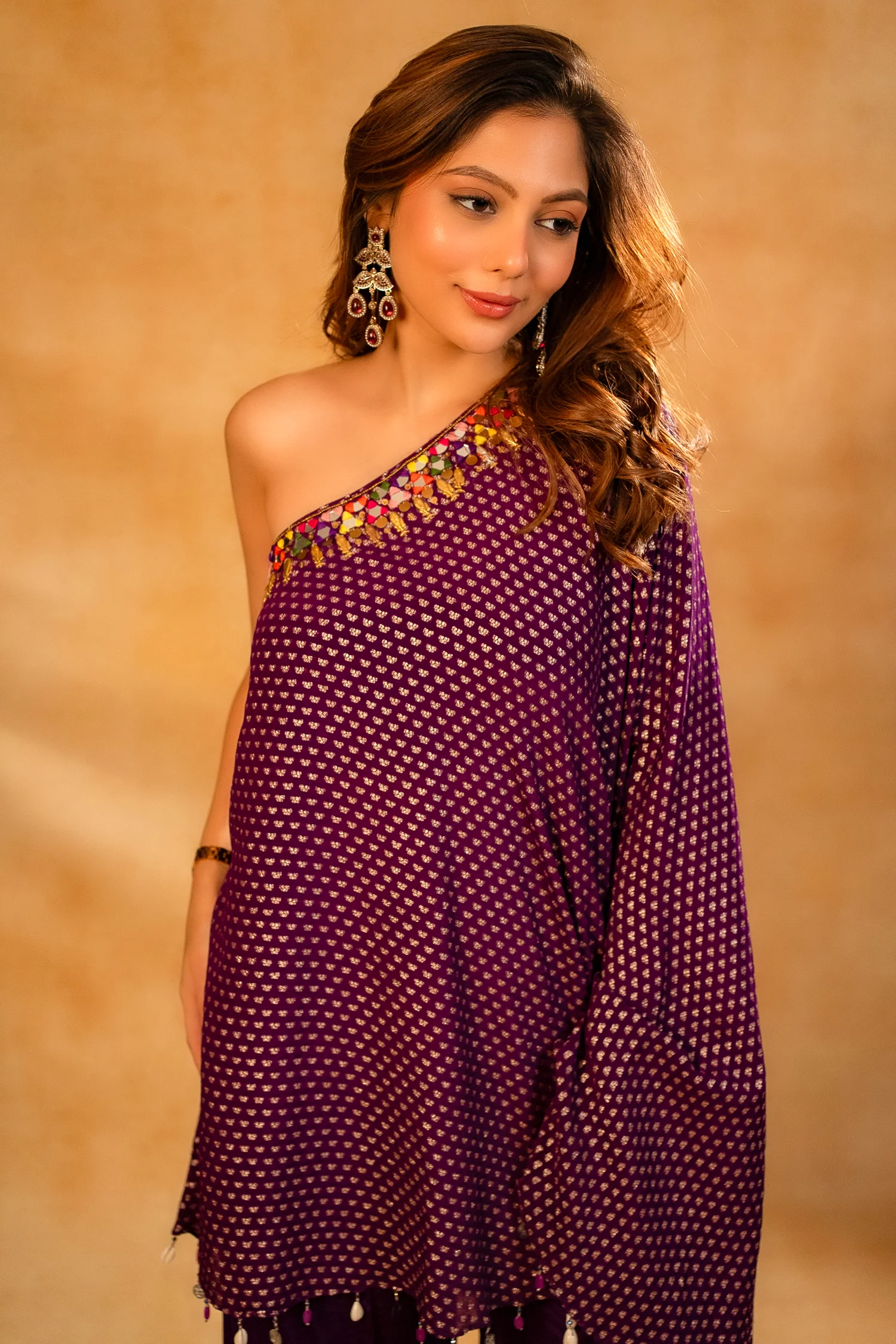 Byzantium Purple Georgette One Shoulder Asymmetrical Palazzo Set with Mirror Work - Image 6