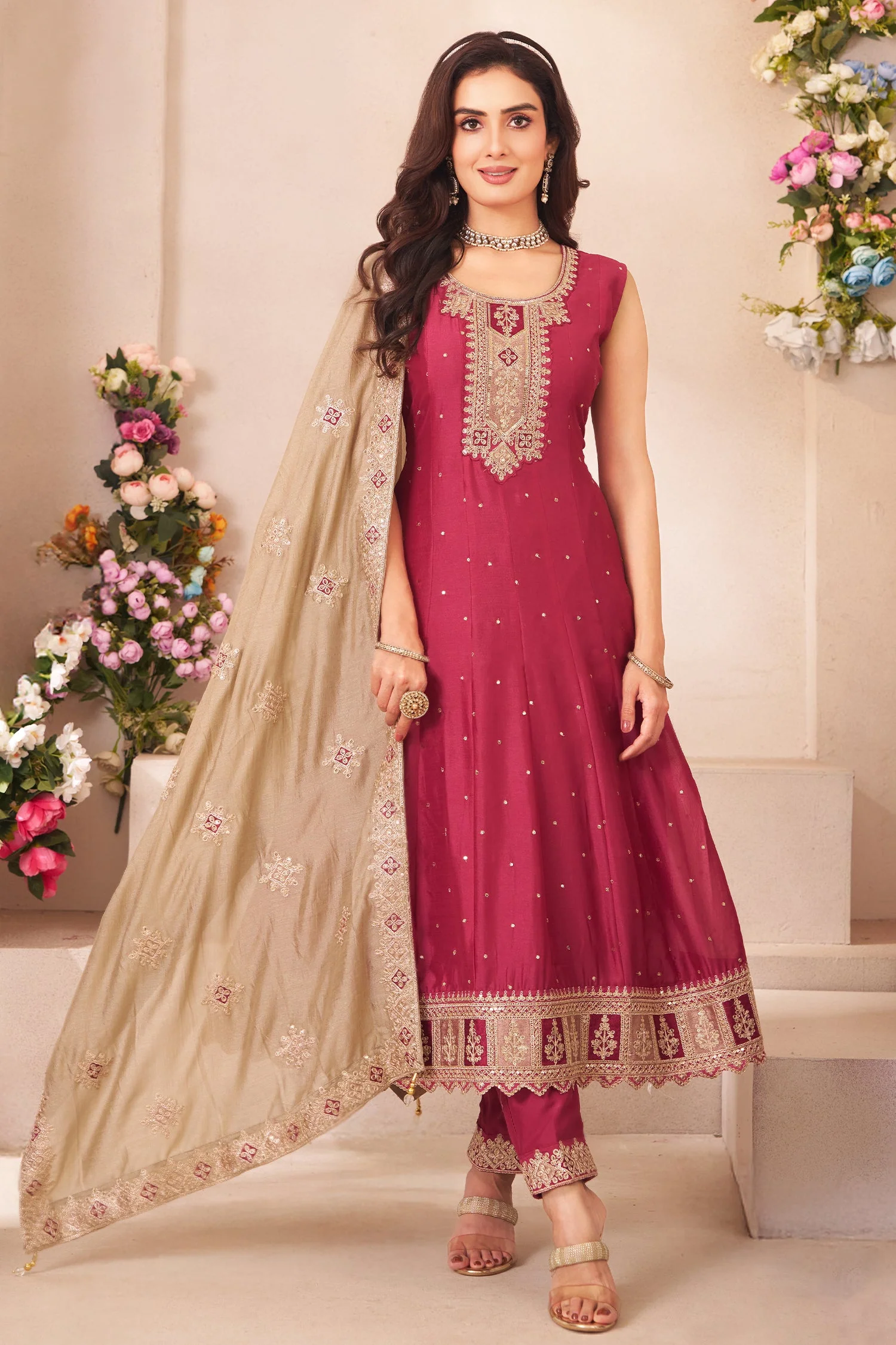 Carrot Pink Art Silk Anarkali Suit with Sequin Embroidery Work - Image 2