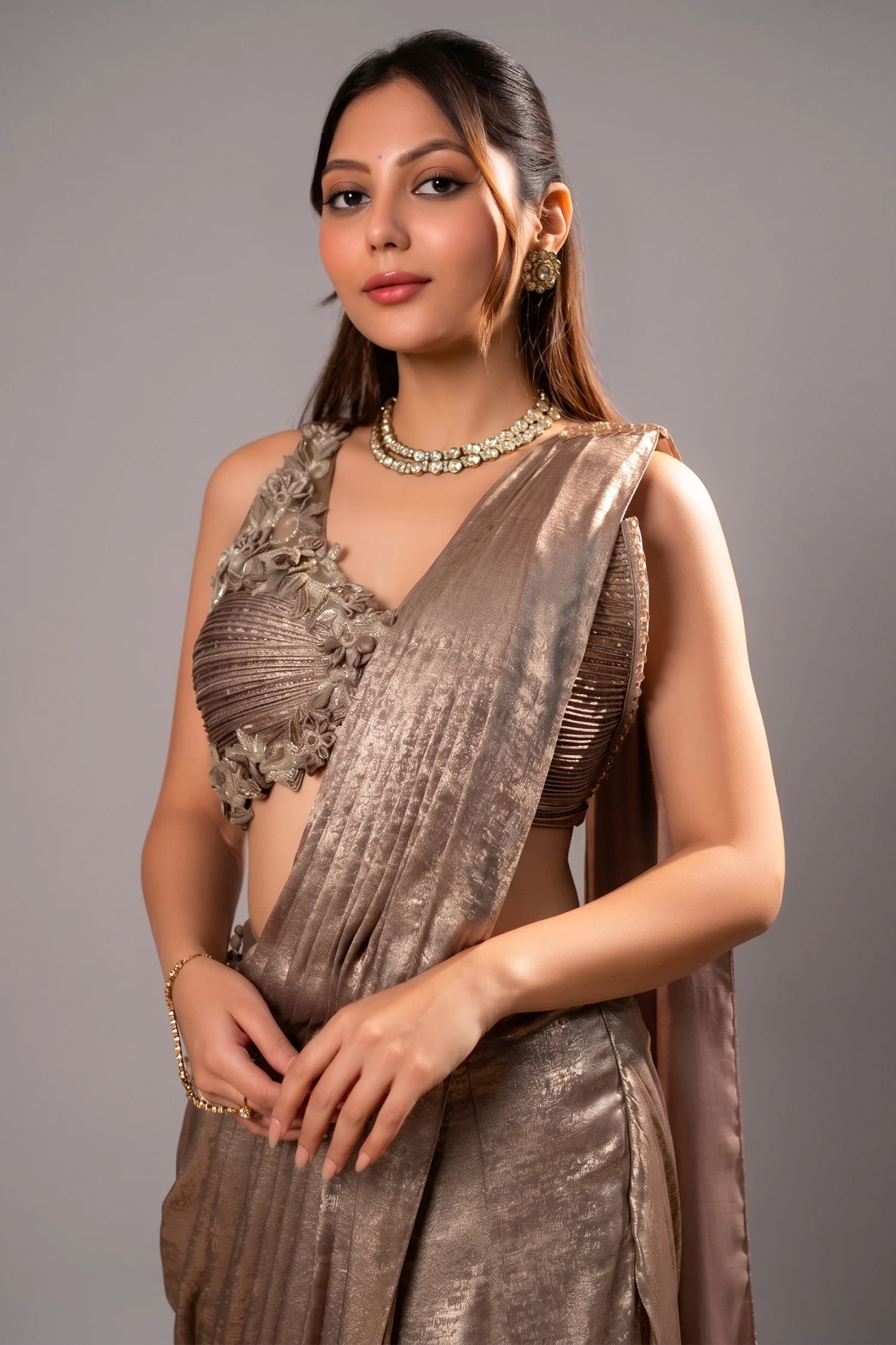 Champagne Beige and Rose Pink Imported Ready to Wear Saree with Designer Blouse - Image 2