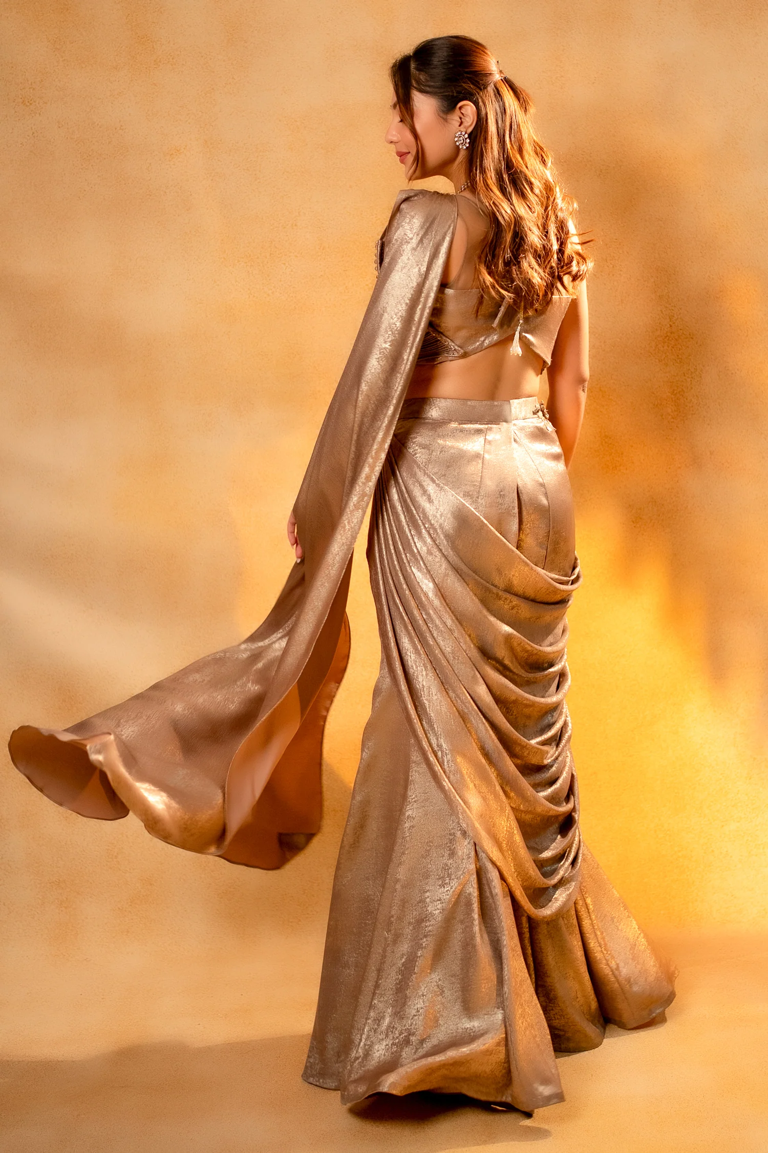 Champagne Beige and Rose Pink Imported Ready to Wear Saree with Designer Blouse - Image 4