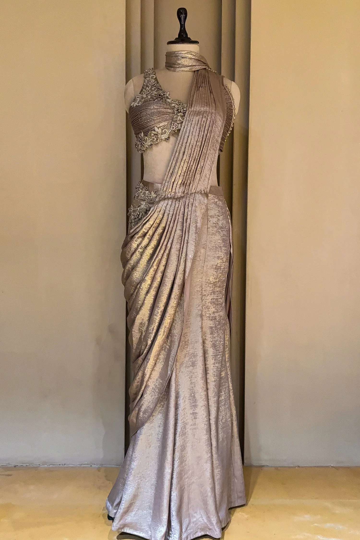 Champagne Beige and Rose Pink Imported Ready to Wear Saree with Designer Blouse - Image 5