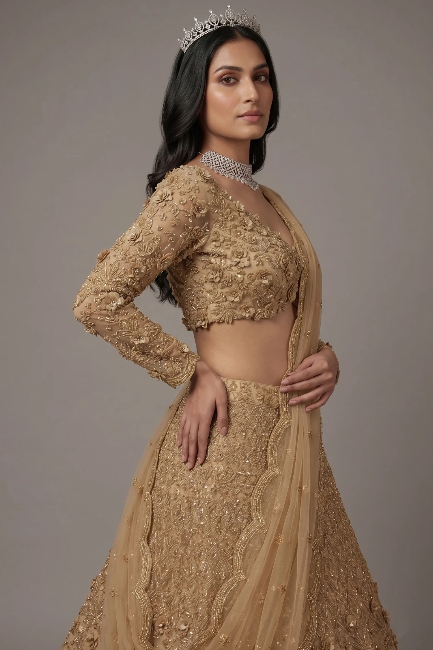 Champagne Beige Designer Sequinned and 3D Flower Worked Lehenga - Image 2