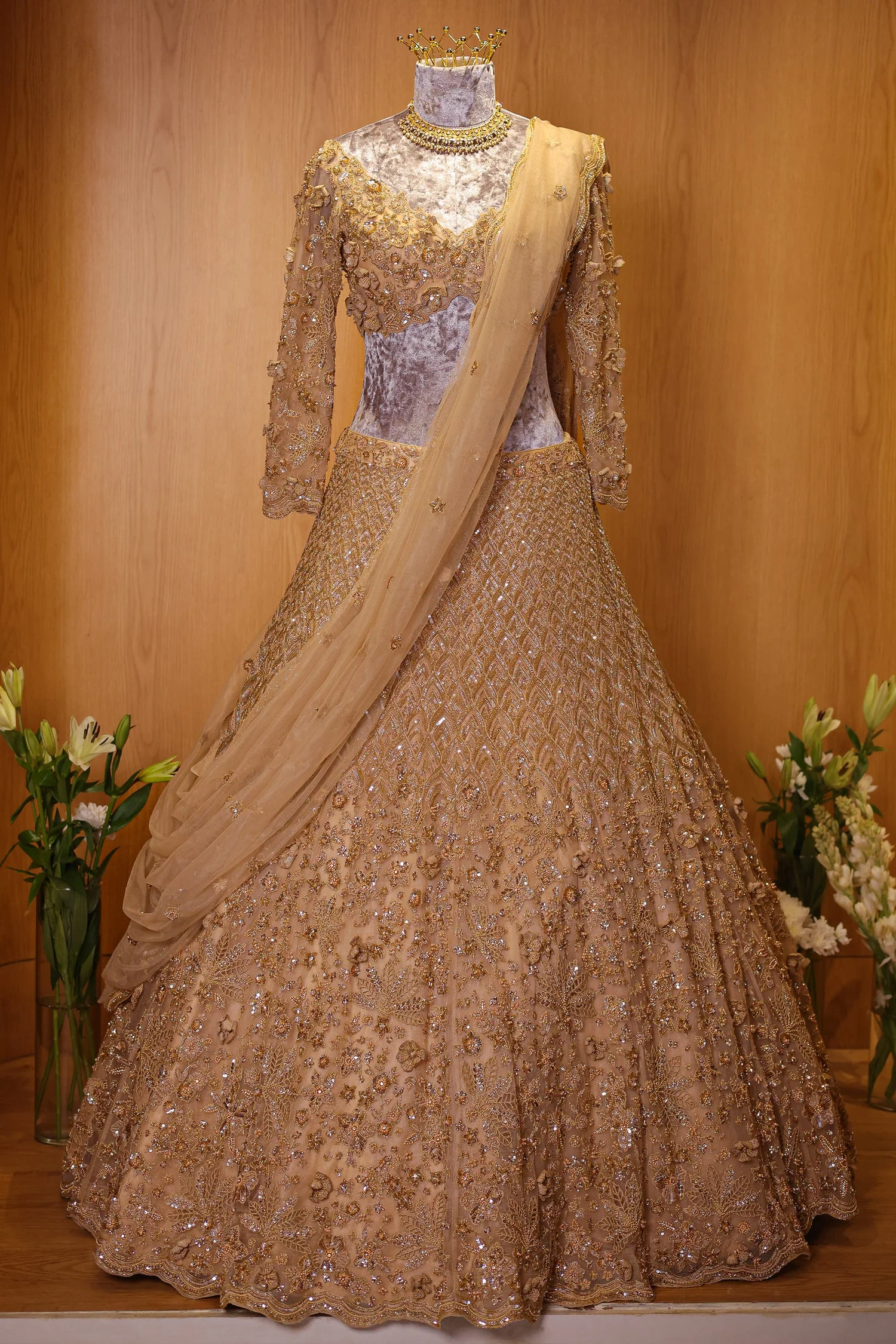 Champagne Beige Designer Sequinned and 3D Flower Worked Lehenga - Image 3