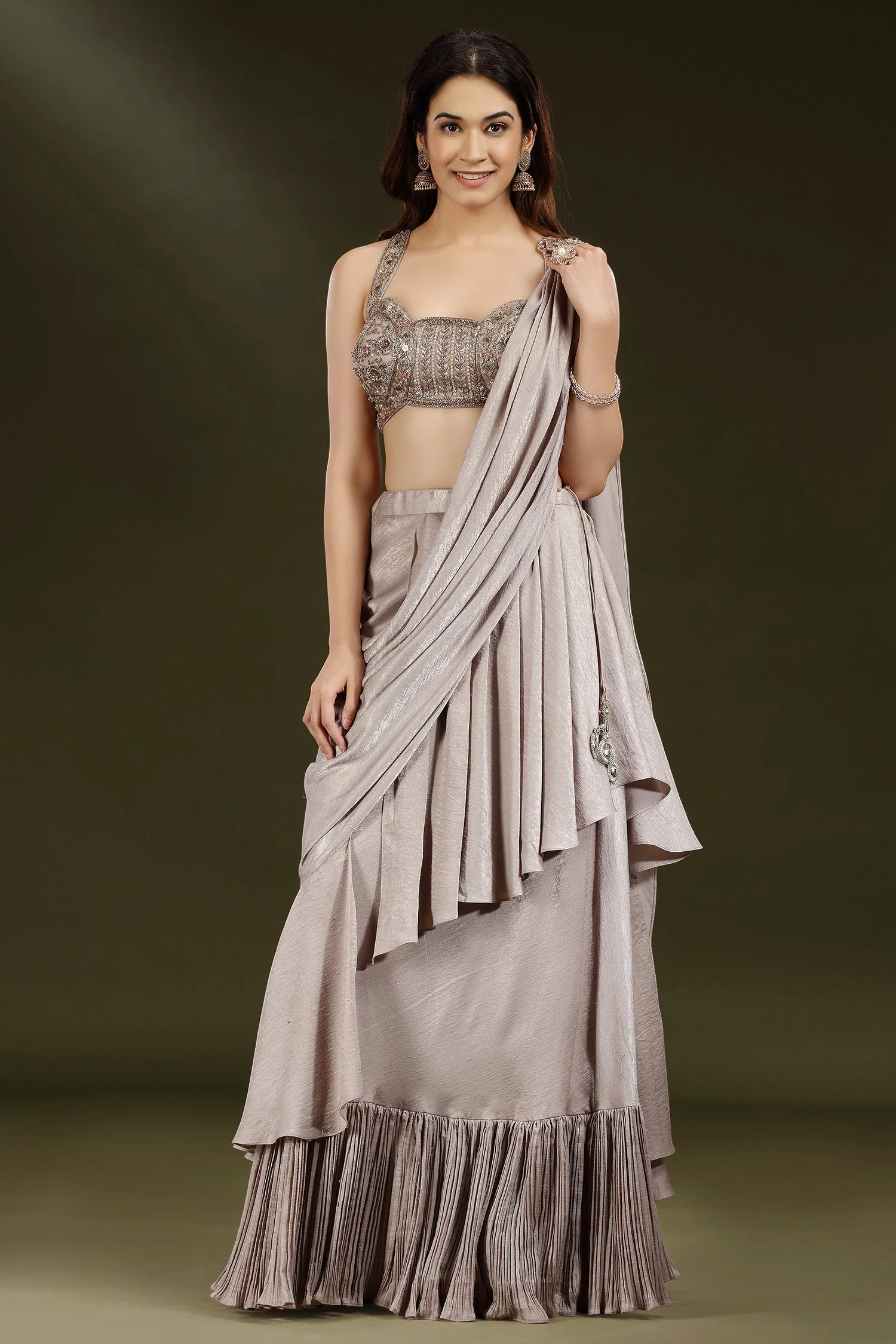 Champagne Beige Imported Lycra Lehenga with Attached Dupatta - Image 3