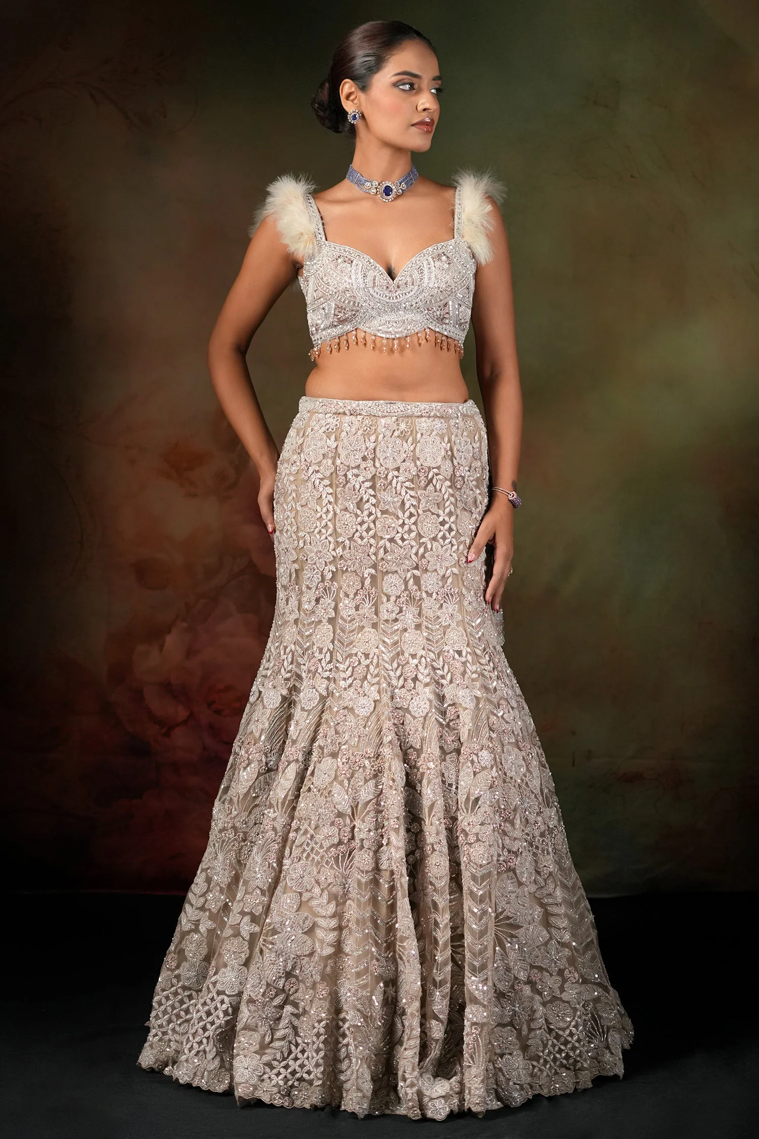 Champagne Beige Net Designer Embroidered Mermaid Style Lehenga Set - Image 2