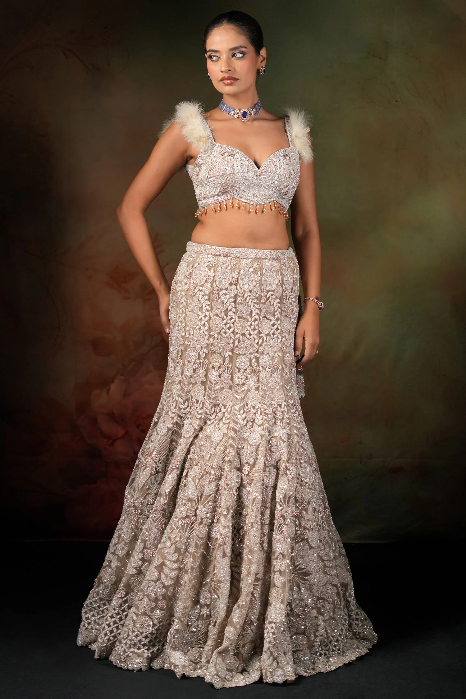 Champagne Beige Net Designer Embroidered Mermaid Style Lehenga Set - Image 3