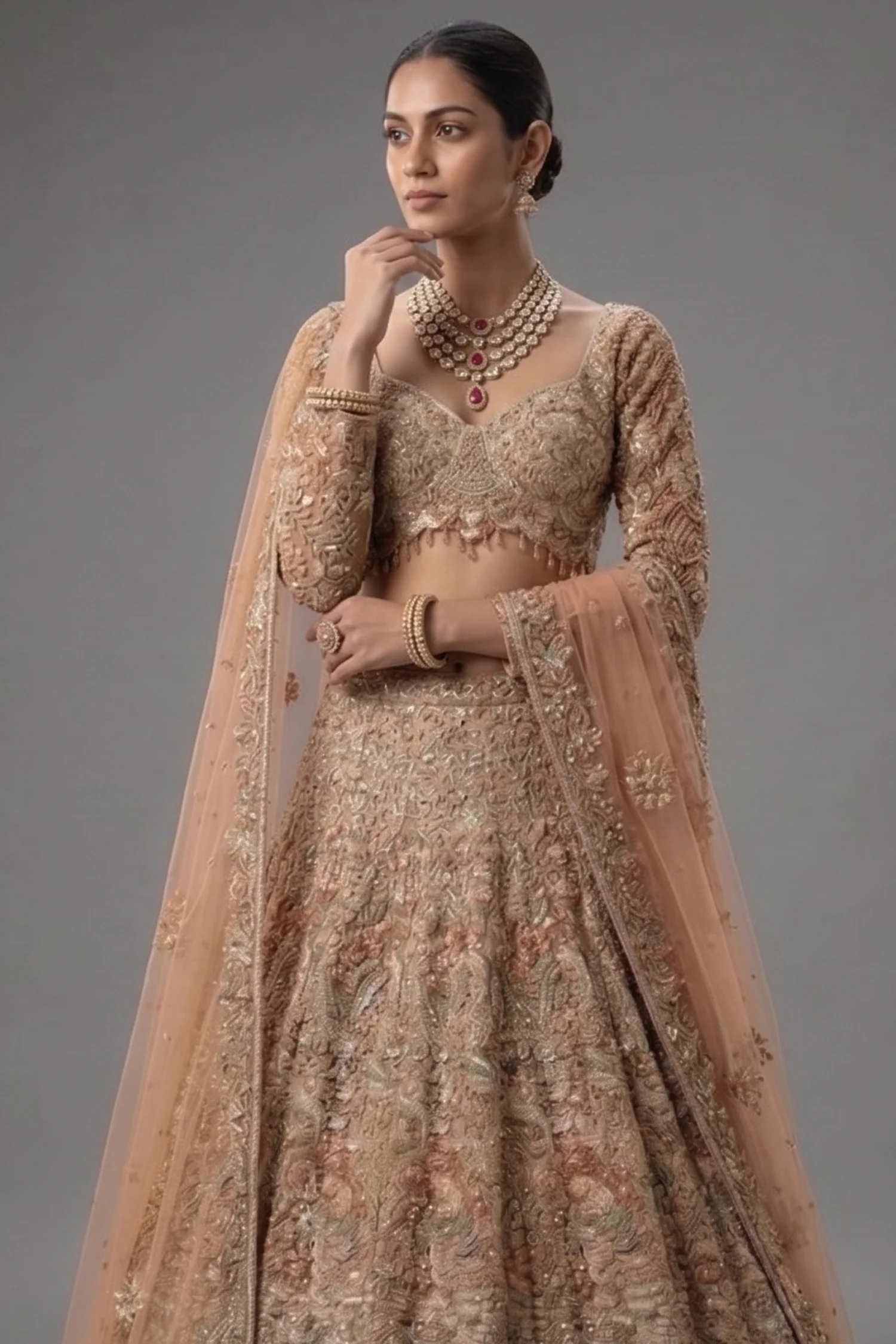 Champagne Beige Net Embellished Designer Lehenga - Image 2