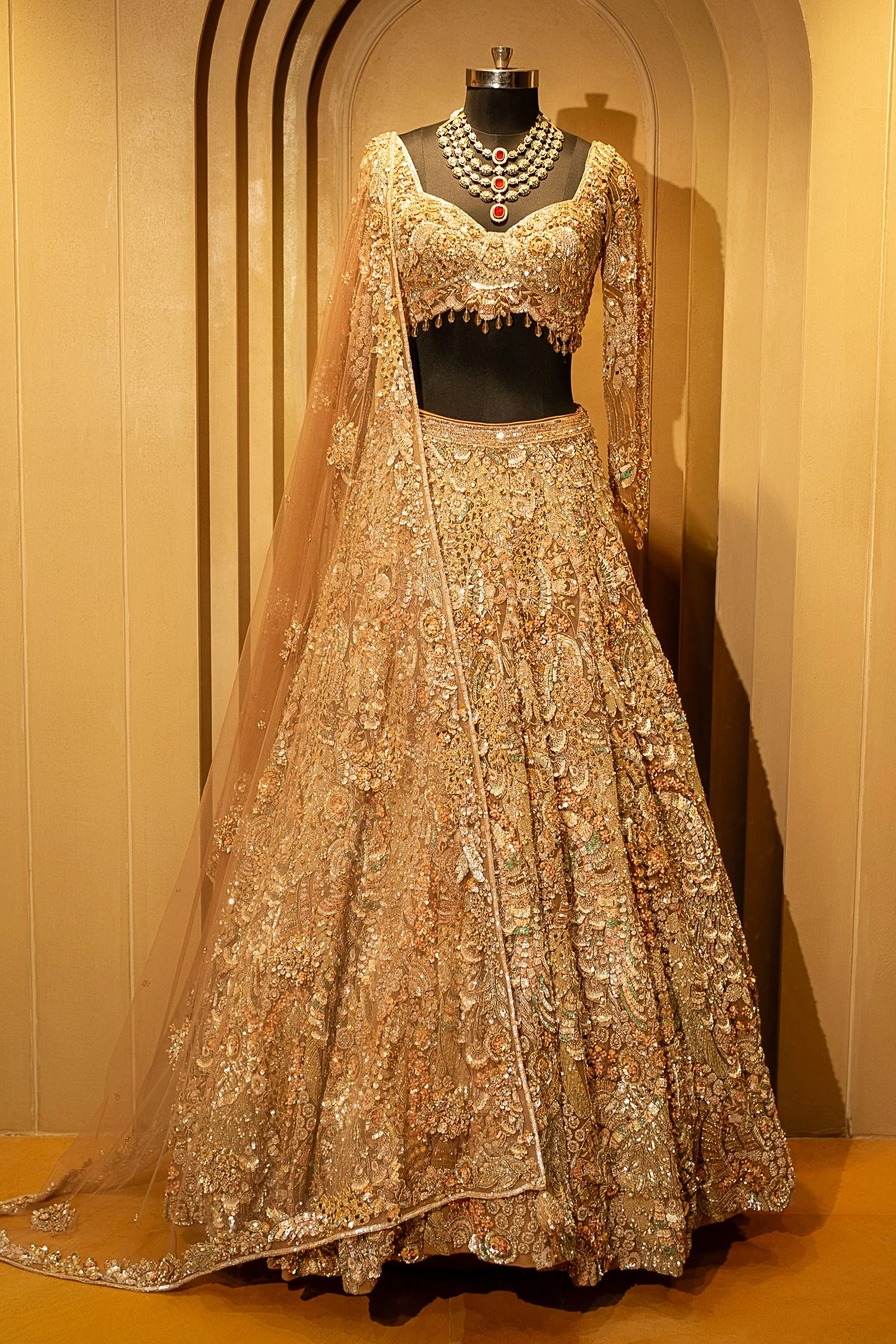 Champagne Beige Net Embellished Designer Lehenga - Image 3